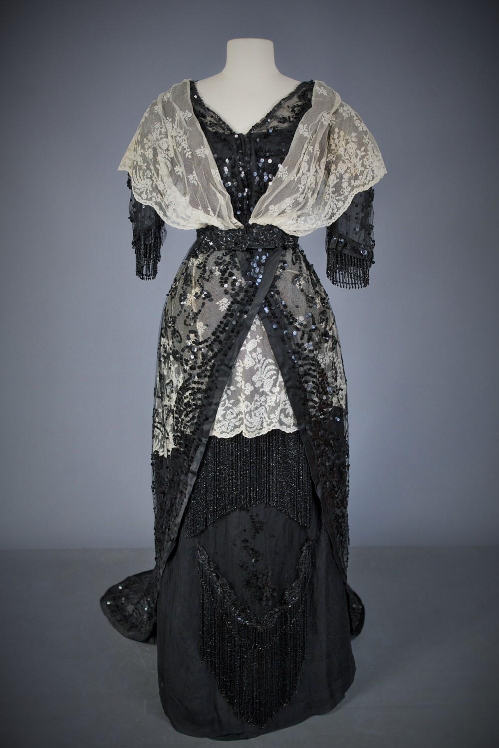 Black A French Edwardian Tulle Embroidered Evening Dress Circa 1900