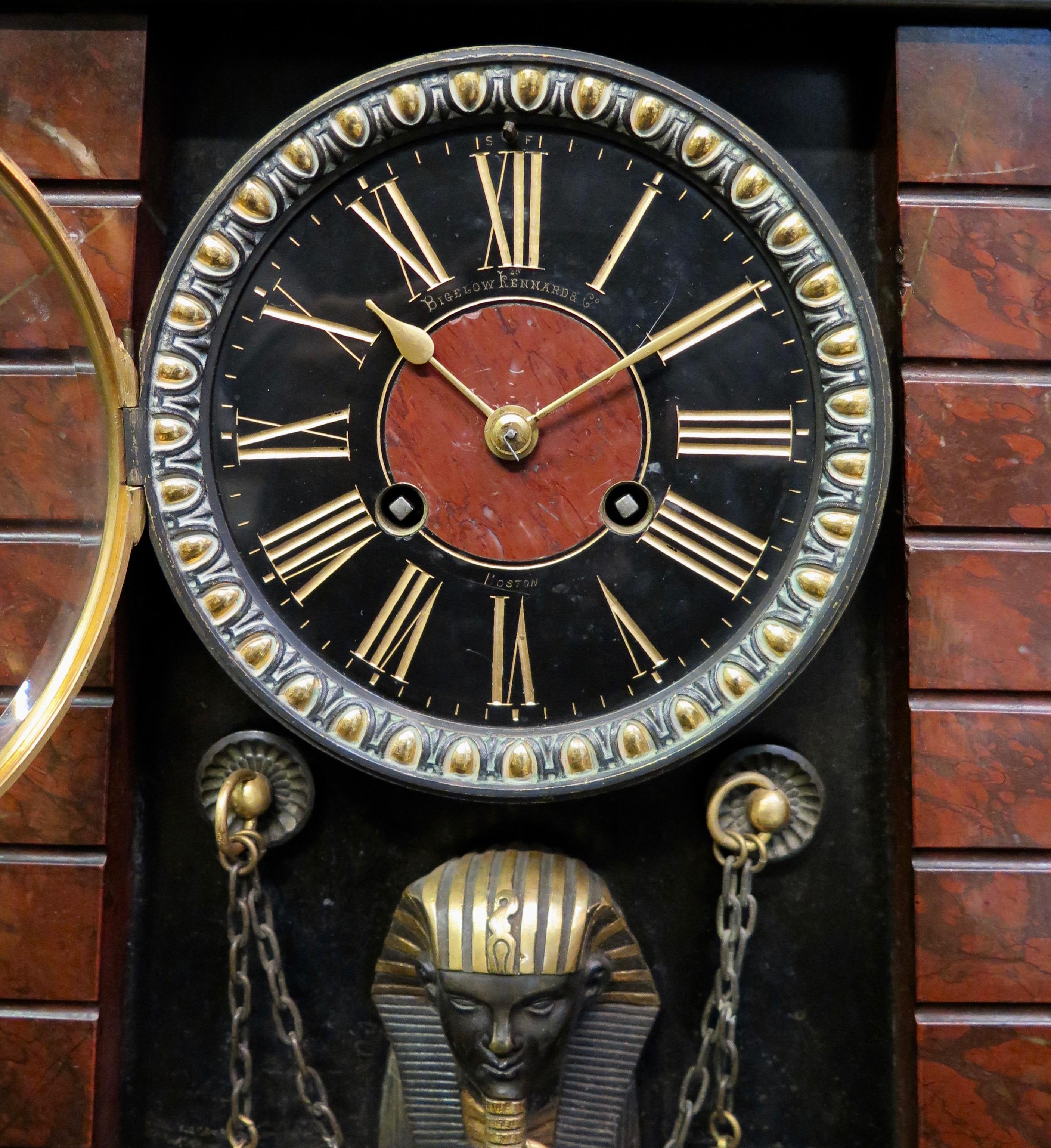 American French Egyptian Revival Patinated Bronze and Marble Mantle Clock For Sale