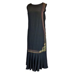 A French Egyptomania Dress In Embroidered Black Crepe silk- Circa 1930