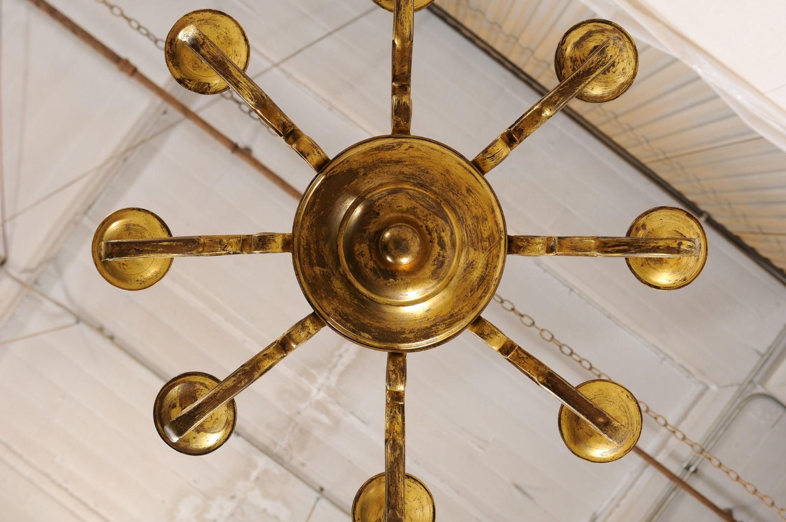 French Eight-Light Gold Tone Metal Chandelier, Mid-20th Century For Sale 7