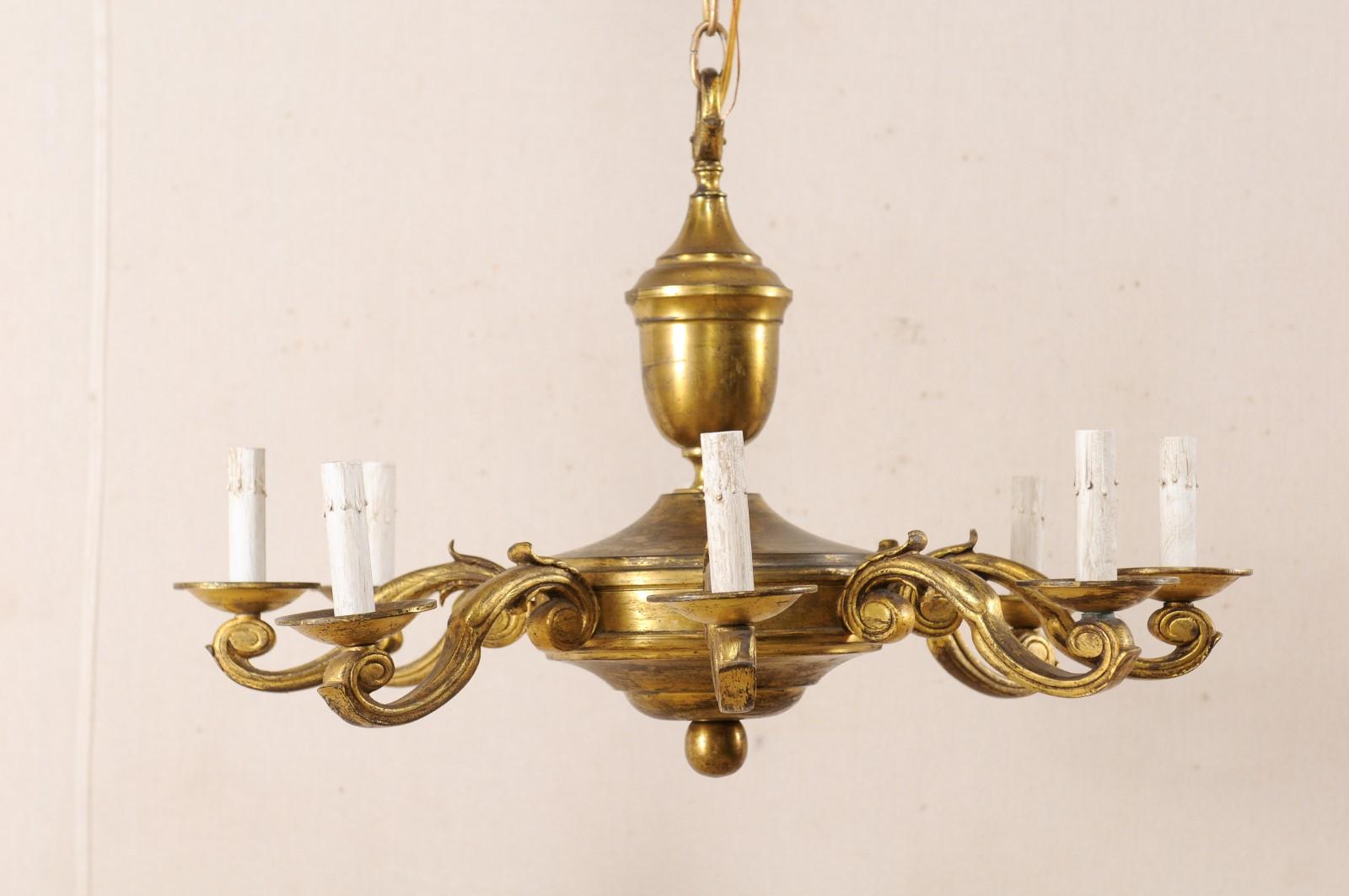 French Eight-Light Gold Tone Metal Chandelier, Mid-20th Century In Good Condition For Sale In Atlanta, GA