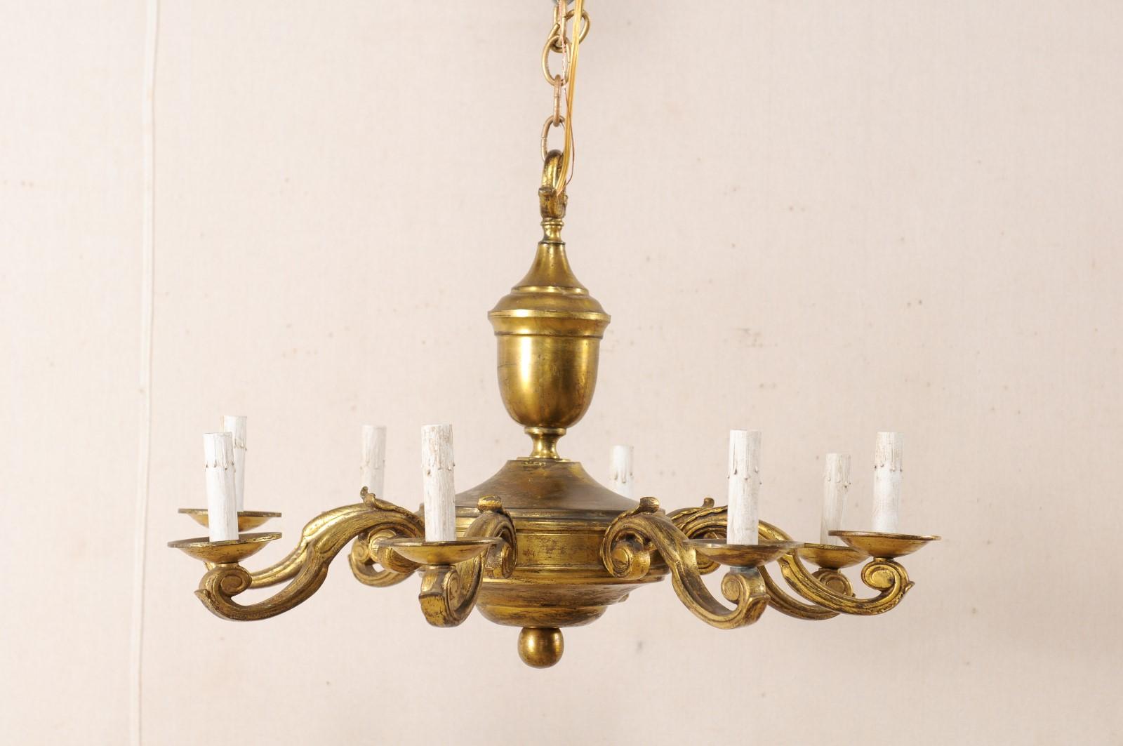 French Eight-Light Gold Tone Metal Chandelier, Mid-20th Century For Sale 1