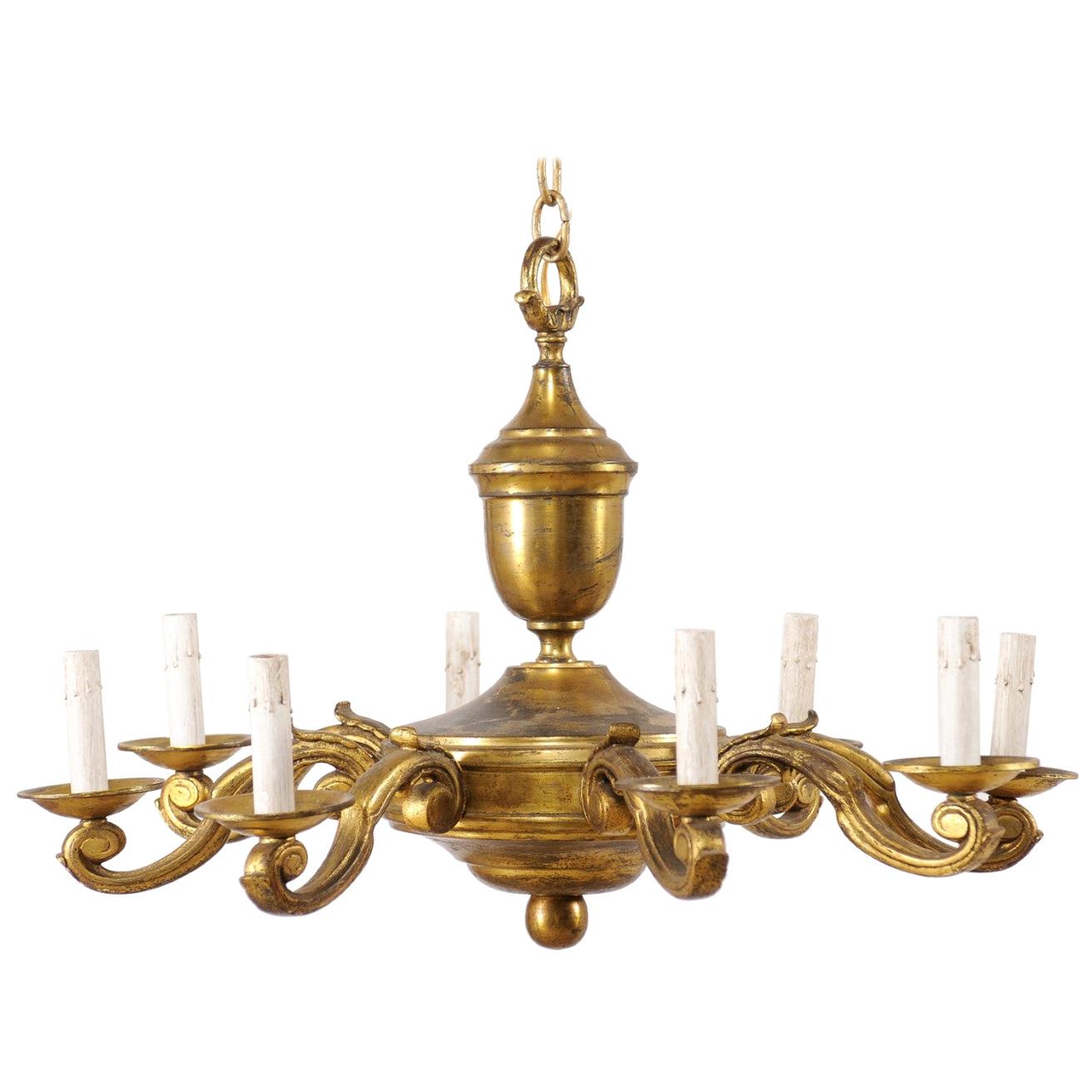 French Eight-Light Gold Tone Metal Chandelier, Mid-20th Century For Sale