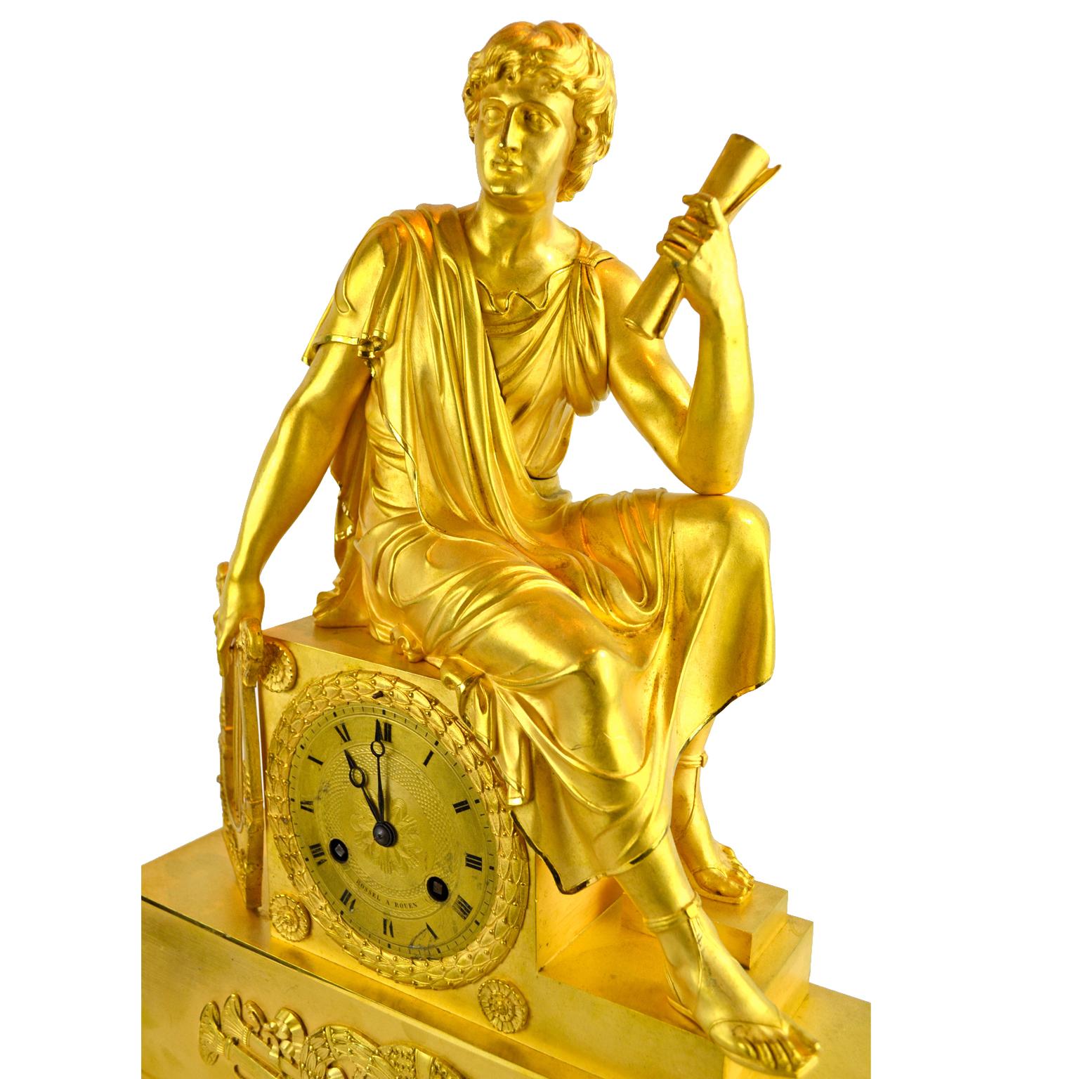 French Empire Figurative Gilt Bronze Clock of a Roman Youth Holding a Scroll For Sale 1