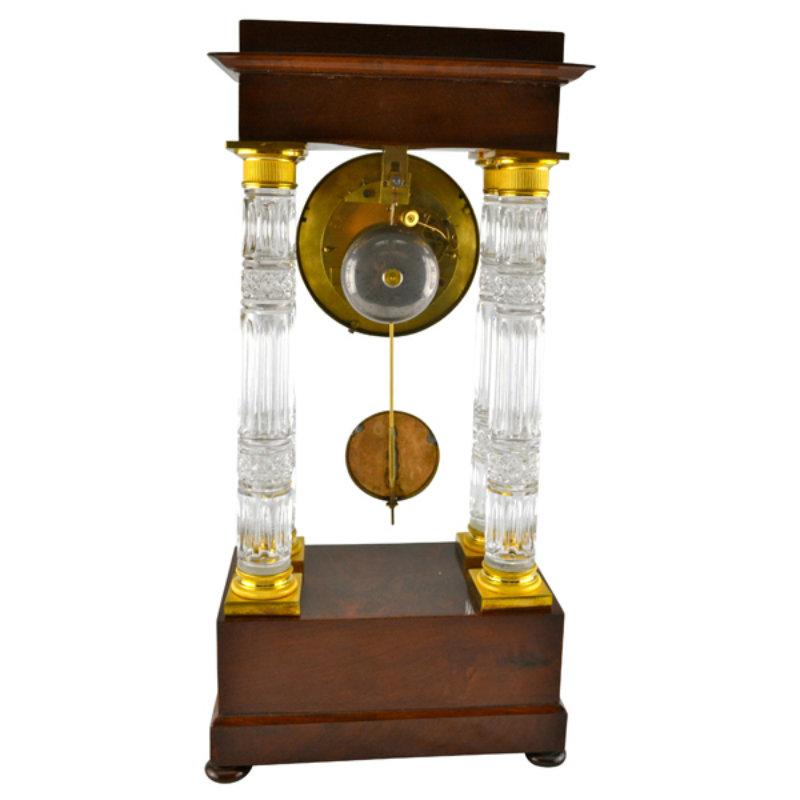 Gilt French Empire Mahogany and Cut Crystal Columned Portico Clock For Sale