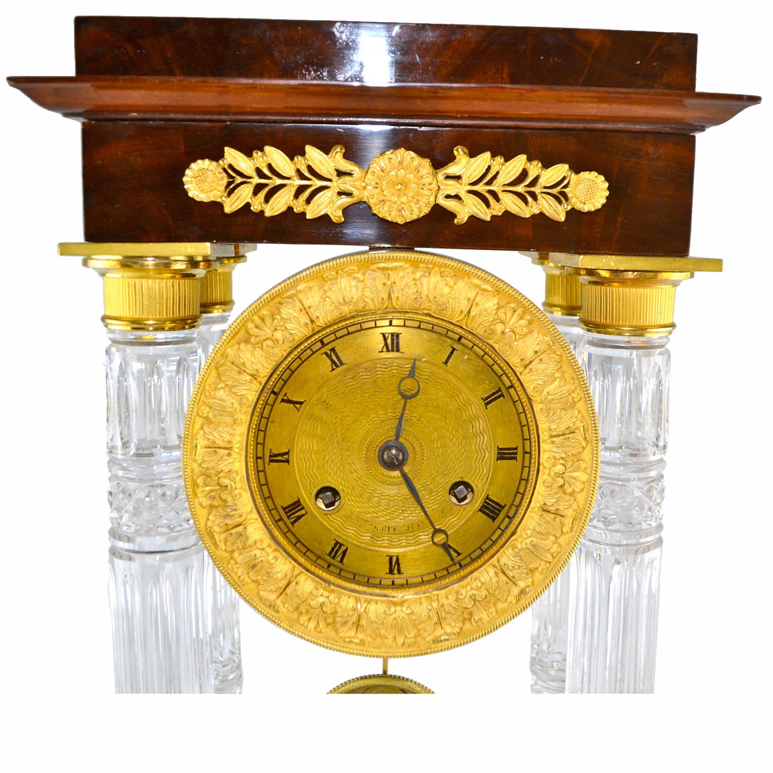 19th Century French Empire Mahogany and Cut Crystal Columned Portico Clock For Sale