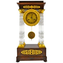 French Empire Mahogany and Cut Crystal Columned Portico Clock