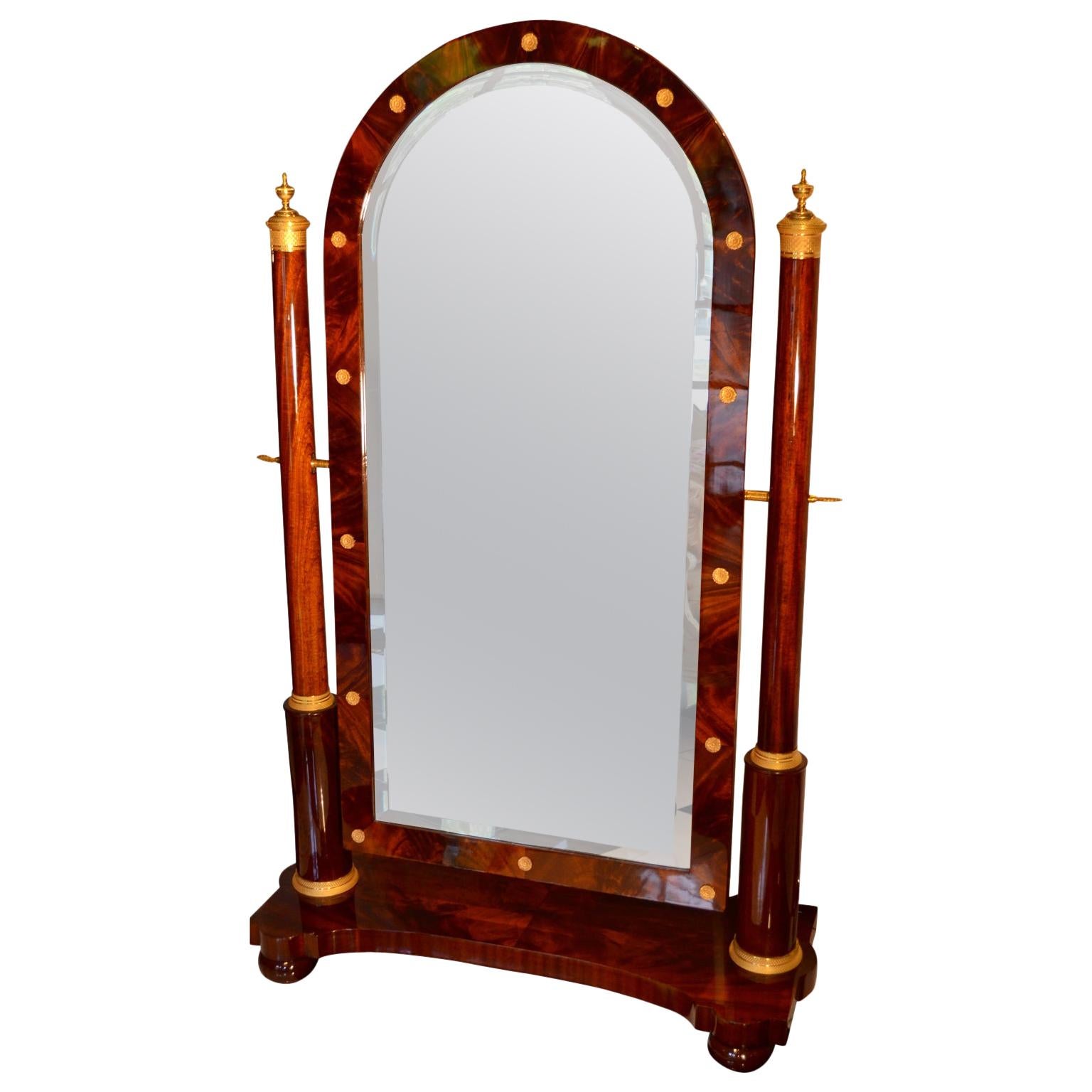 French Empire Mahogany and Gilded Bronze Cheval Mirror