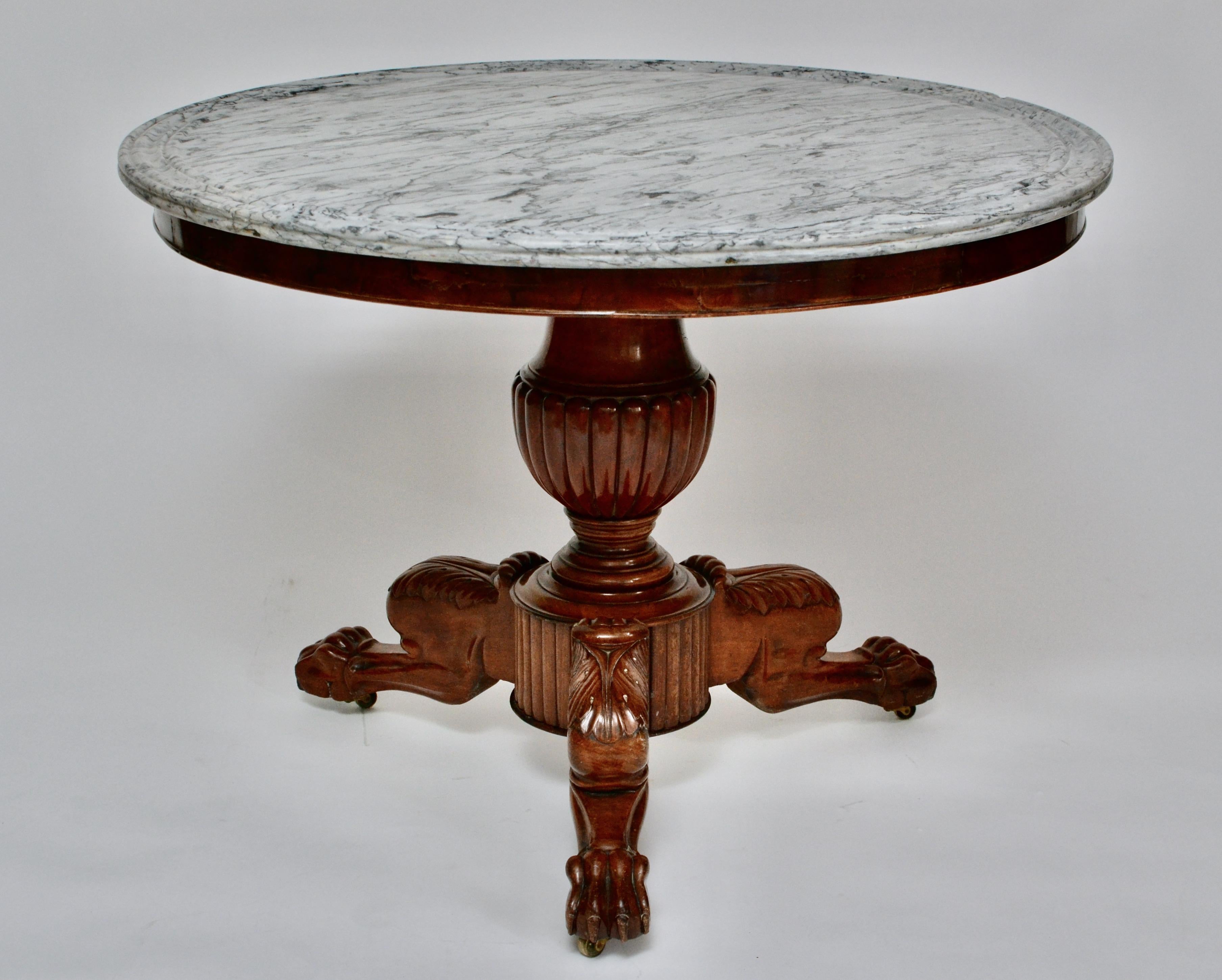 Hand-Carved French Empire Mahogany Gueridon Table with a Grey Marble Top
