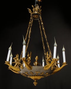 French Empire Neoclassical Gilt Bronze and Steel Figural Chandelier