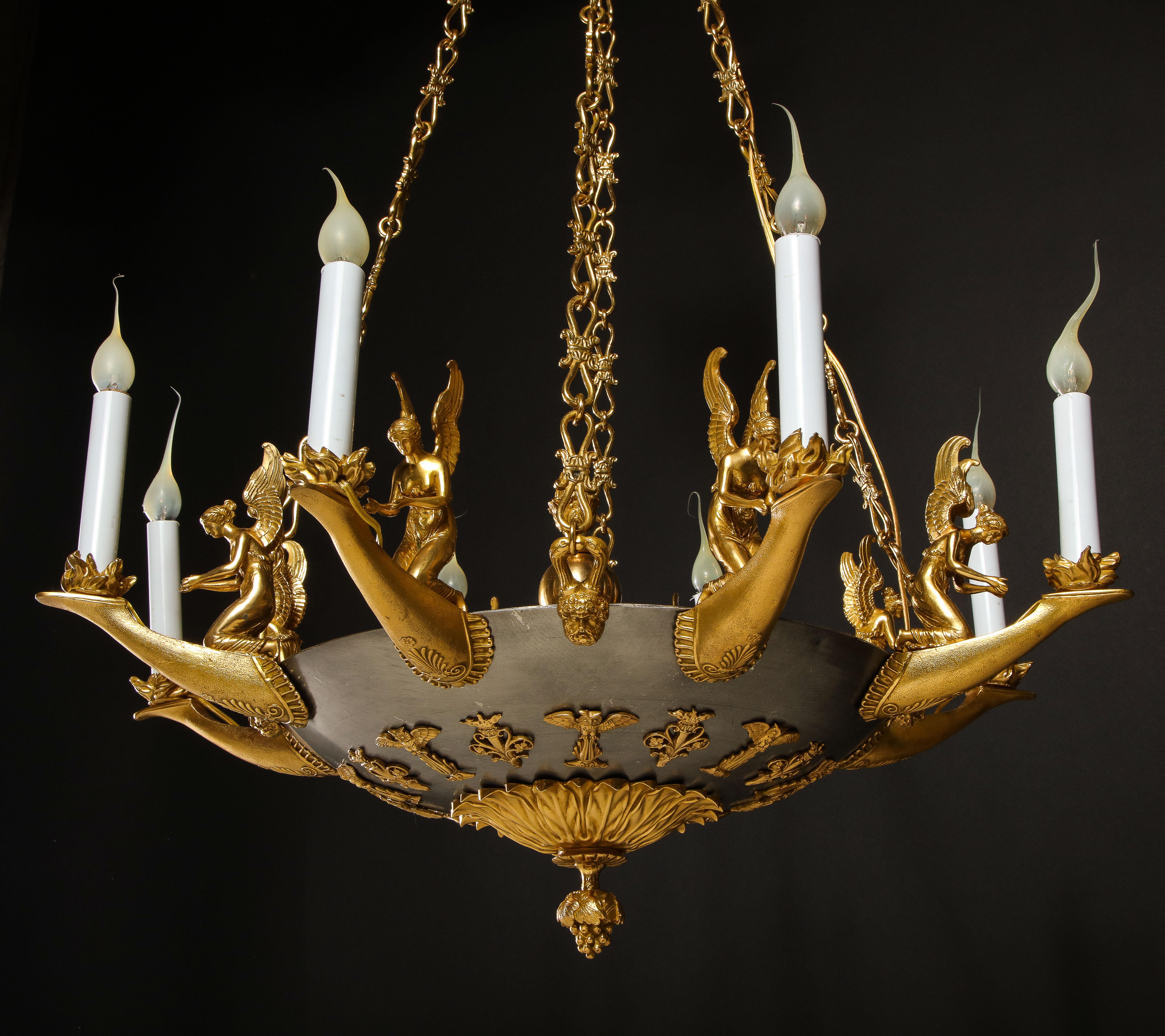 French Empire Neoclassical Gilt Bronze and Steel Figural Chandelier In Good Condition For Sale In New York, NY