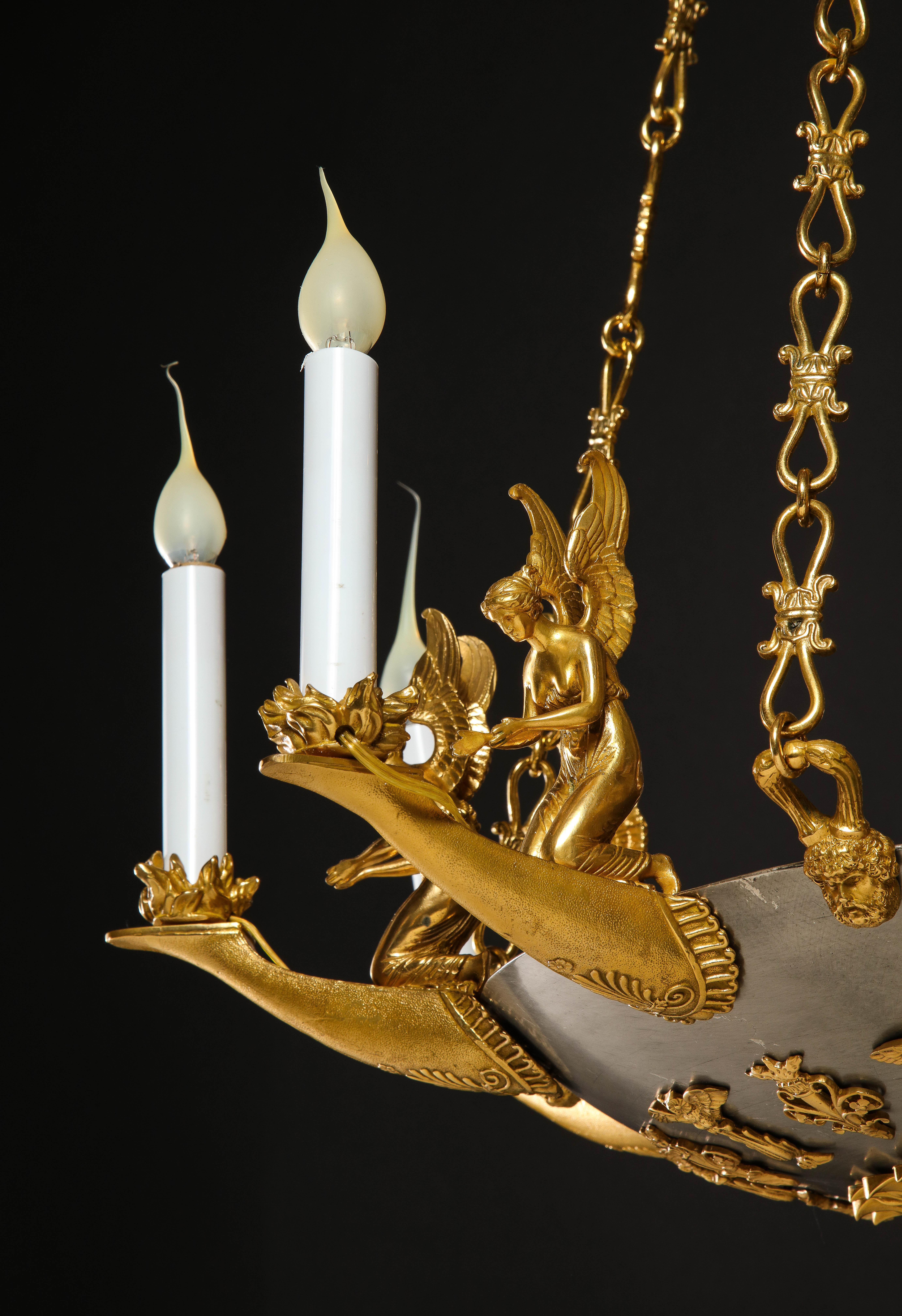 French Empire Neoclassical Gilt Bronze and Steel Figural Chandelier For Sale 1