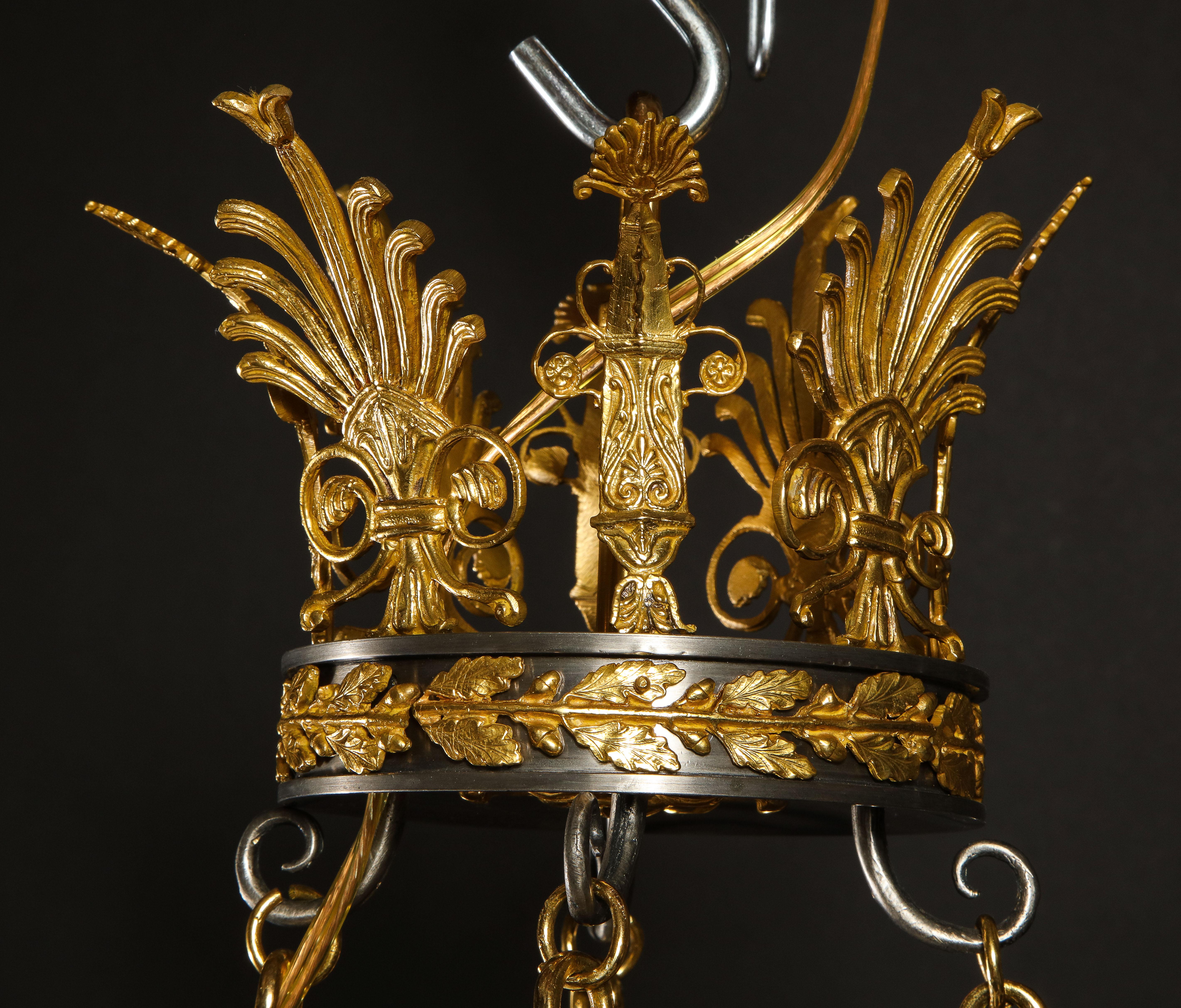 French Empire Neoclassical Gilt Bronze and Steel Figural Chandelier For Sale 5