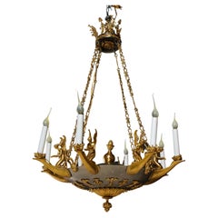 French Empire Neoclassical Gilt Bronze and Steel Figural Chandelier