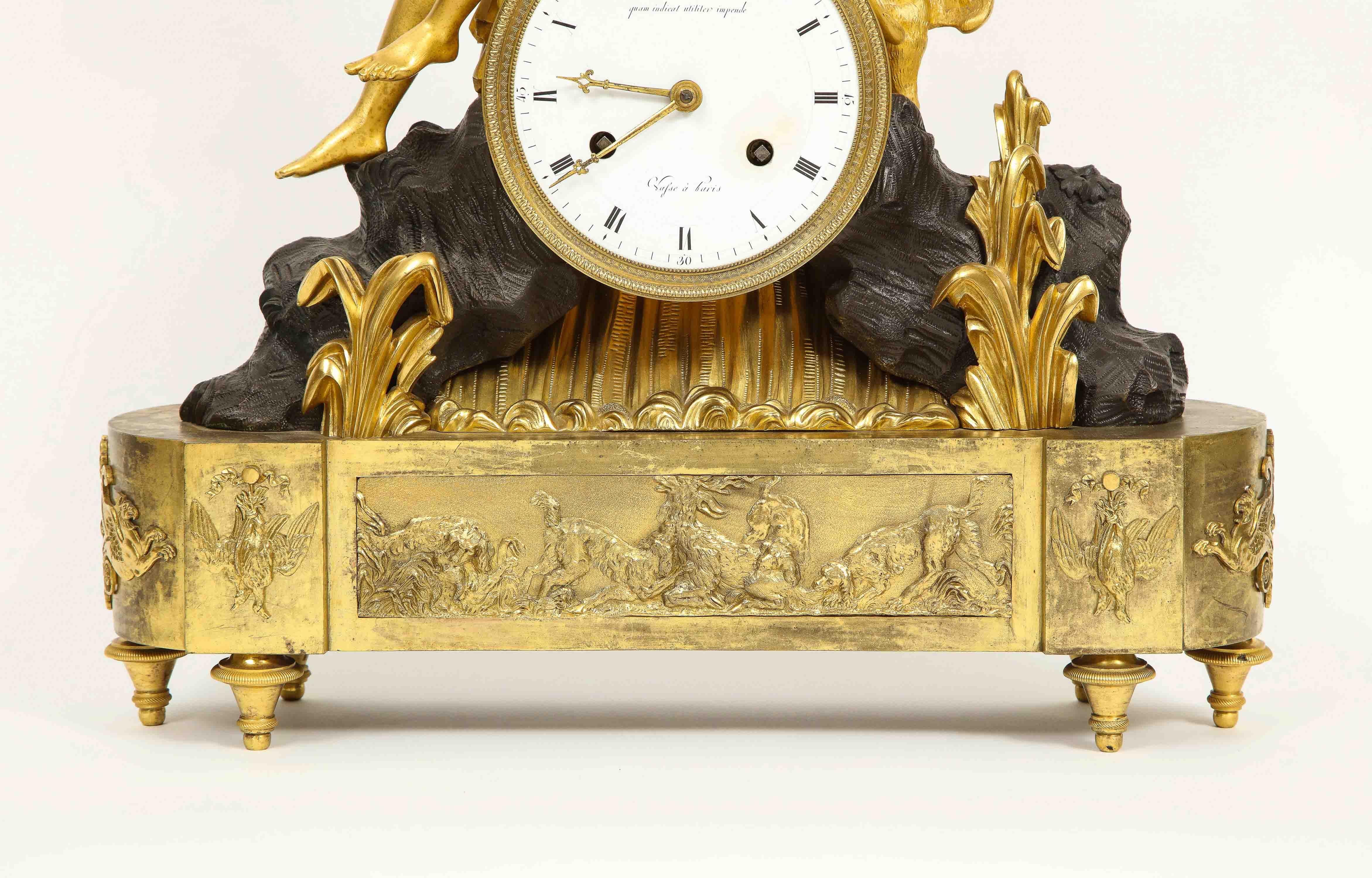 French Empire Ormolu and Patinated Bronze Clock with Huntress Diana, circa 1805 In Good Condition In New York, NY