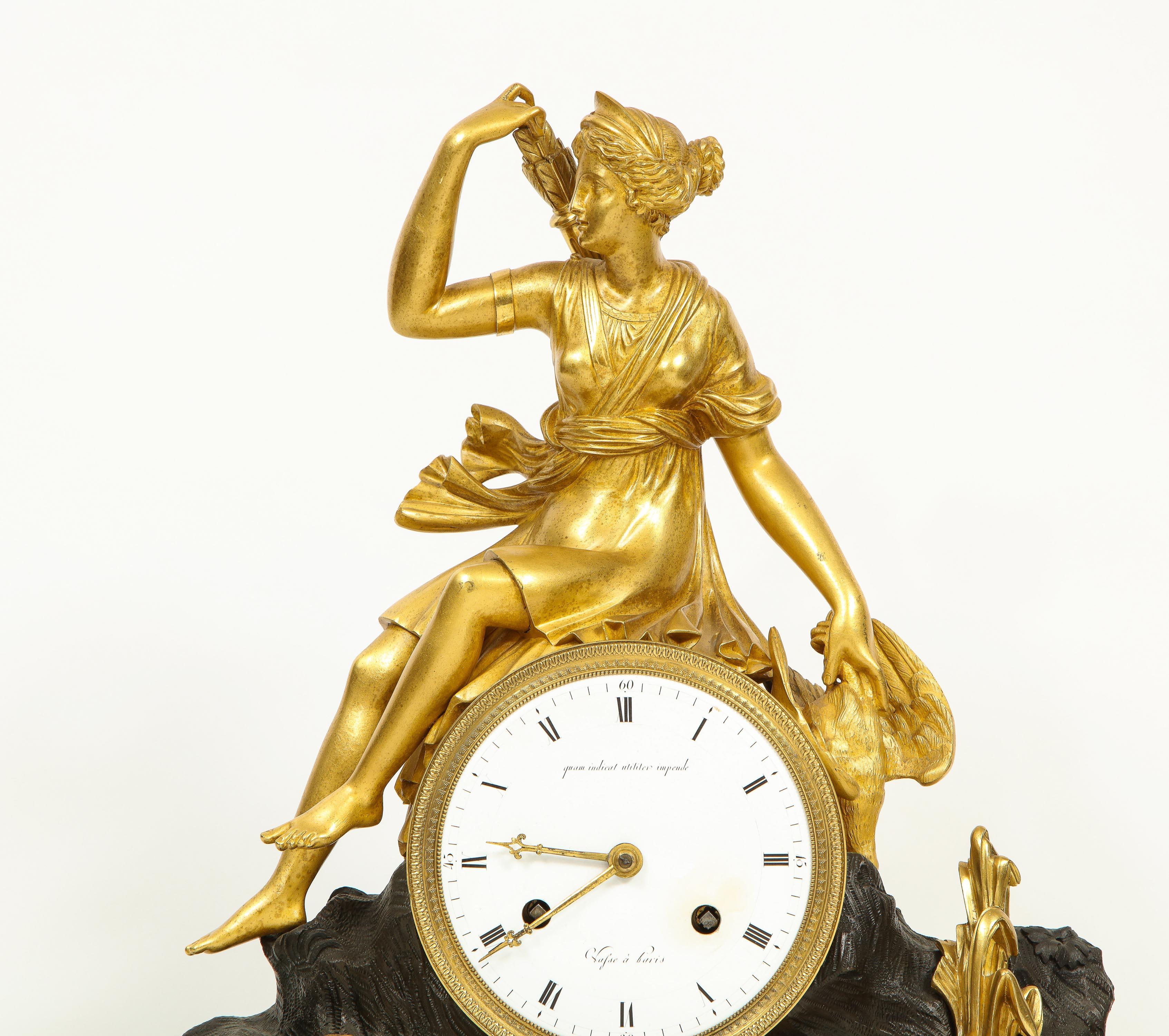 French Empire Ormolu and Patinated Bronze Clock with Huntress Diana, circa 1805 1