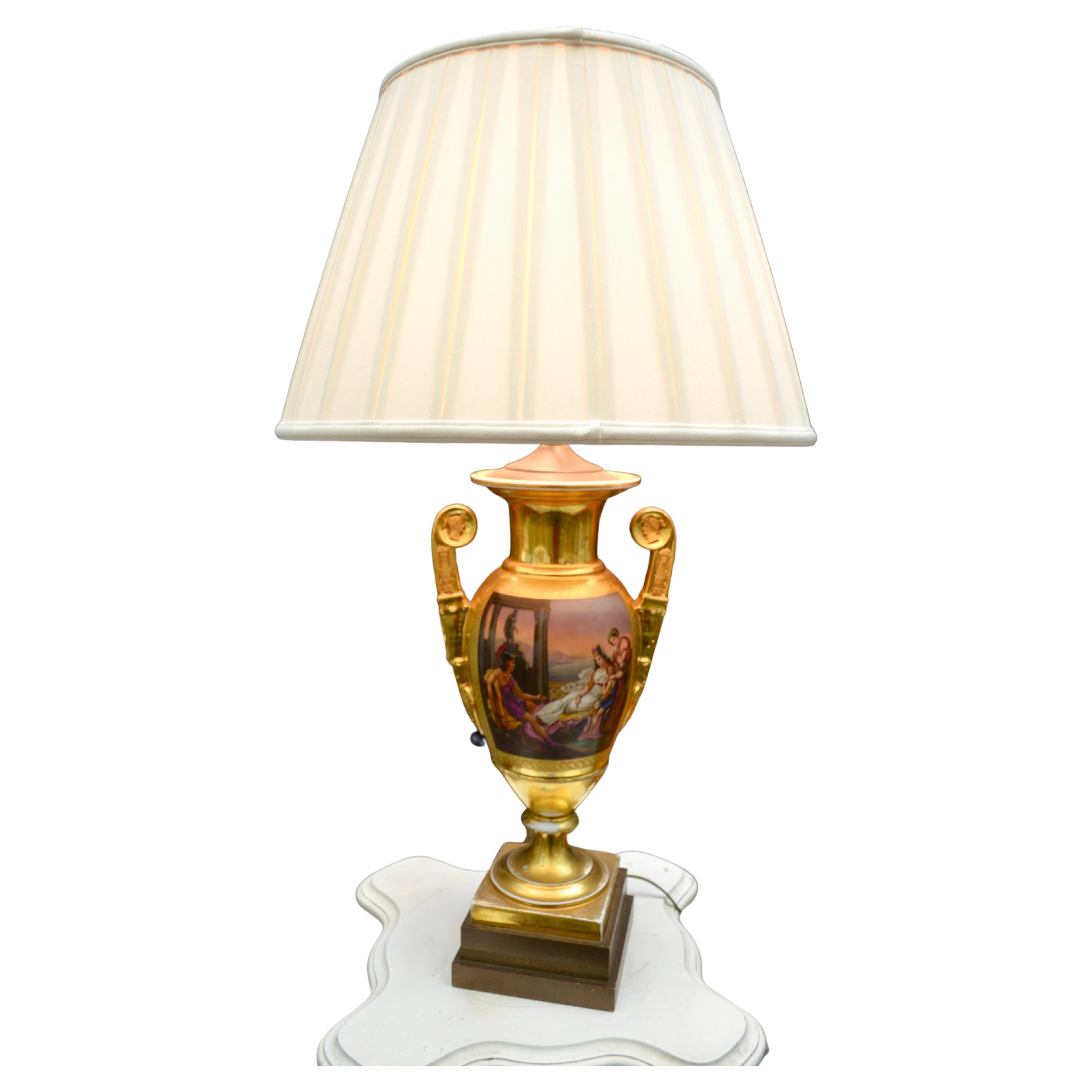 Beautiful Large Porcelain Ormolu Trophy Style Vase Table Lamp w Shade and Finial 