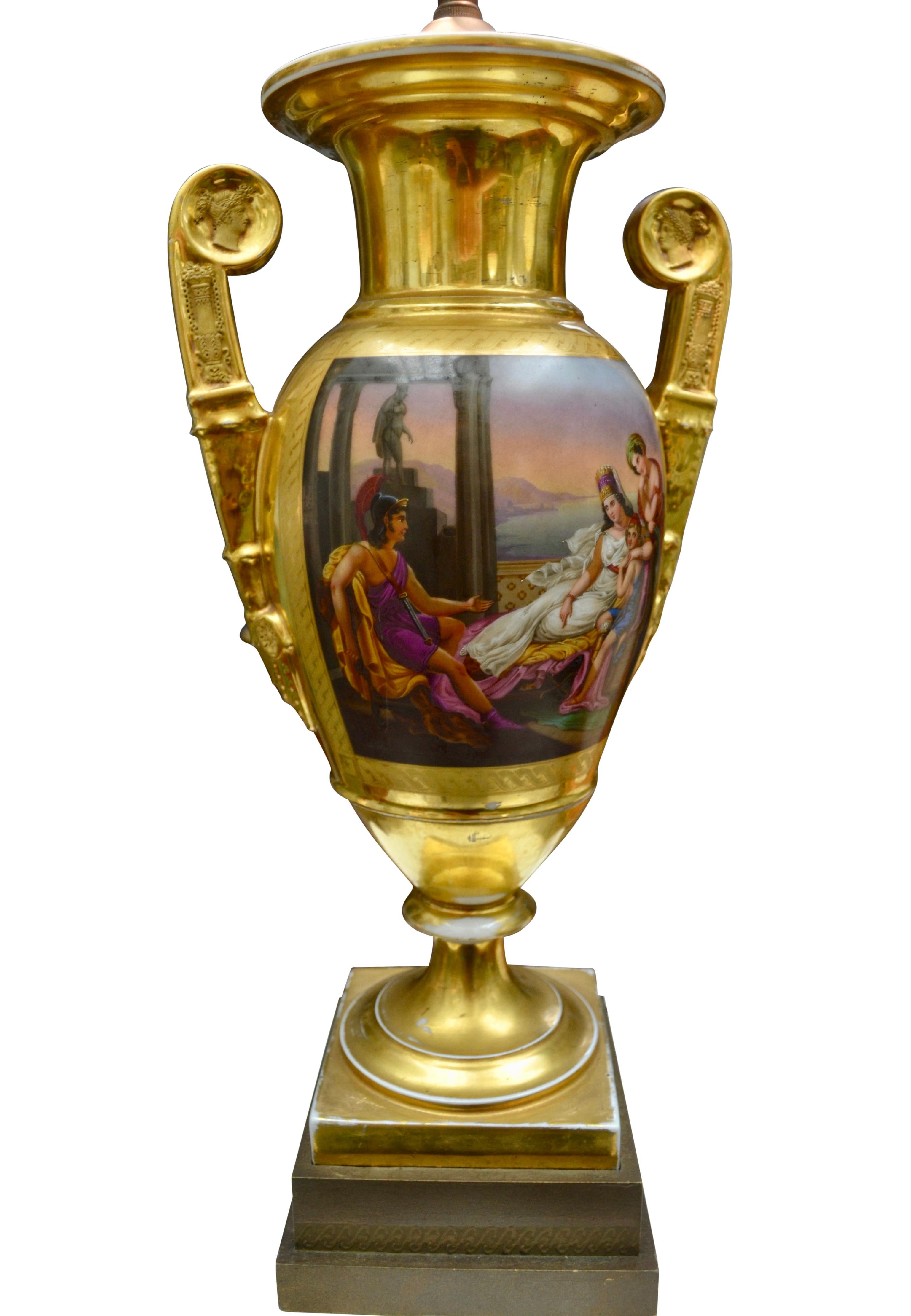 Hand-Painted French Empire Paris Porcelain Vase Converted into a Lamp For Sale