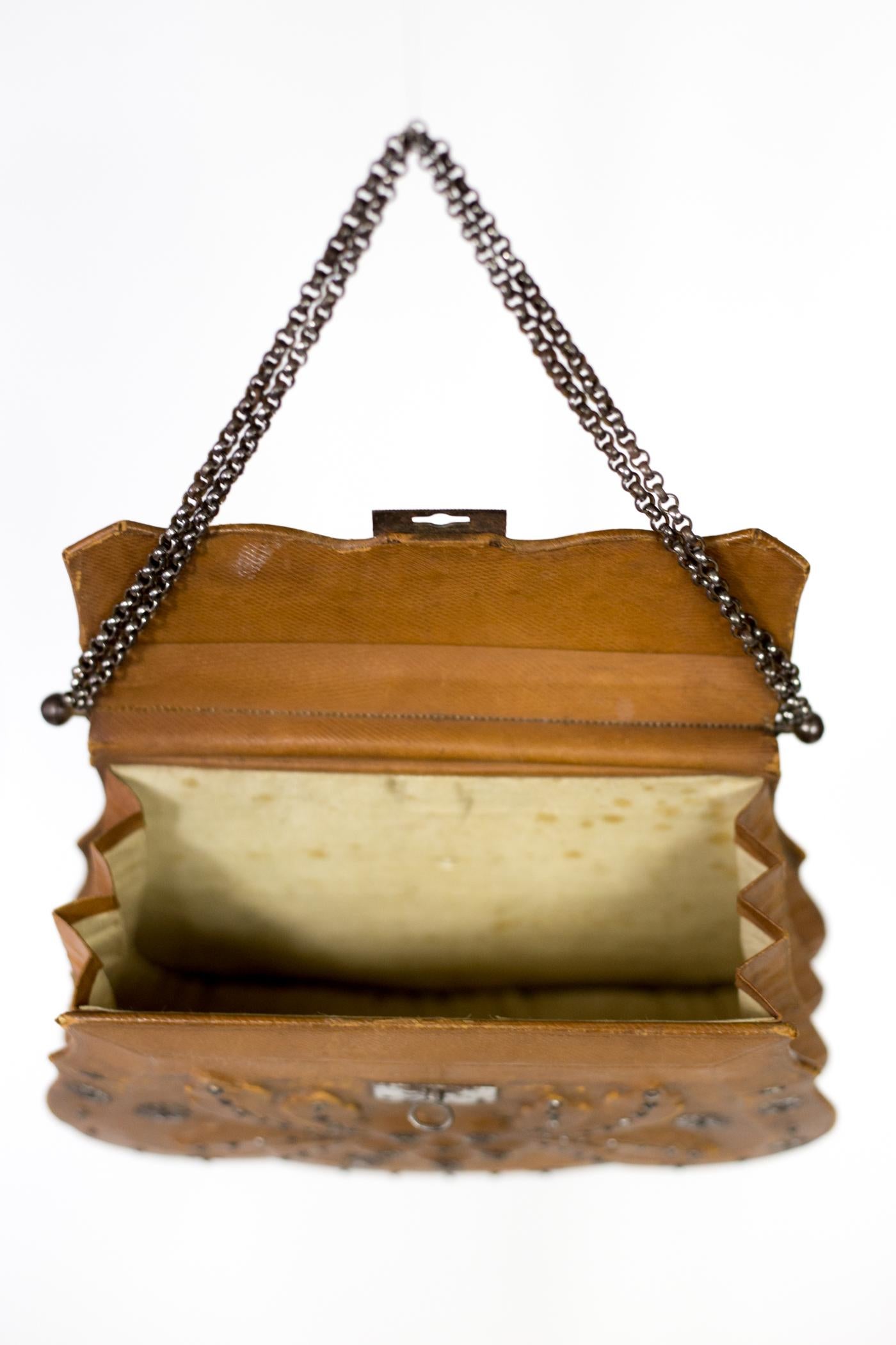 A French Empire Reticule in Leather and Steel beads - France Circa 1795-1815 For Sale 6