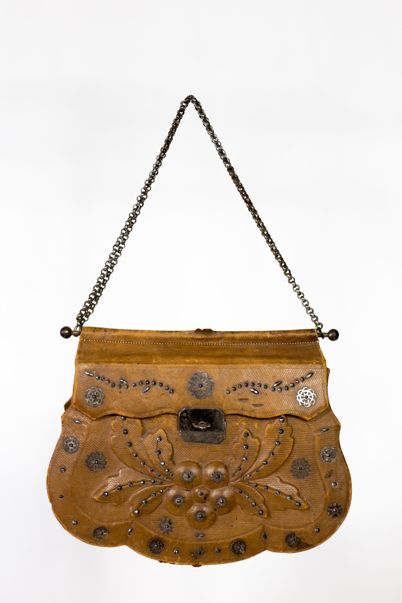 Brown A French Empire Reticule in Leather and Steel beads - France Circa 1795-1815 For Sale