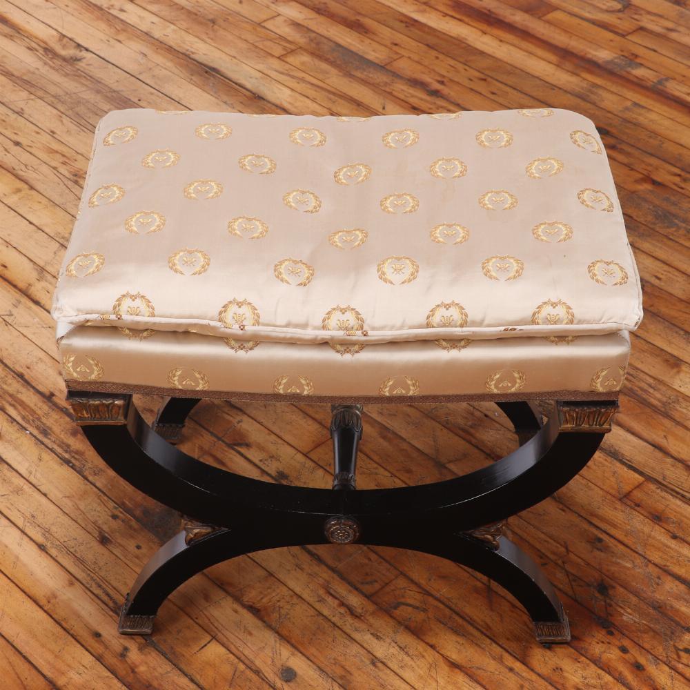 Upholstery A French Empire style ebonized and giltwood stool, C. 1940. For Sale