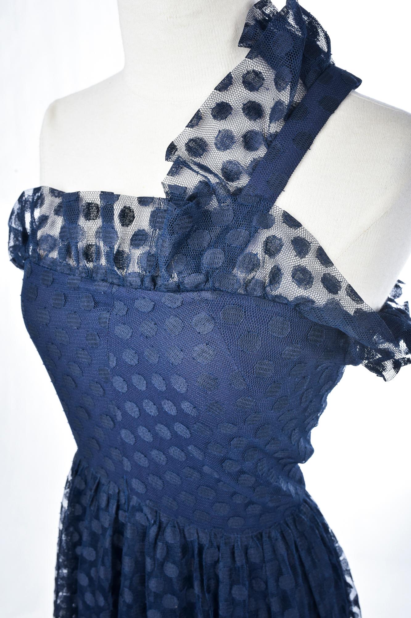 A Jean-Louis Sherrer Evening  Dress in Navy Polka dots Net Circa 1980 For Sale 4