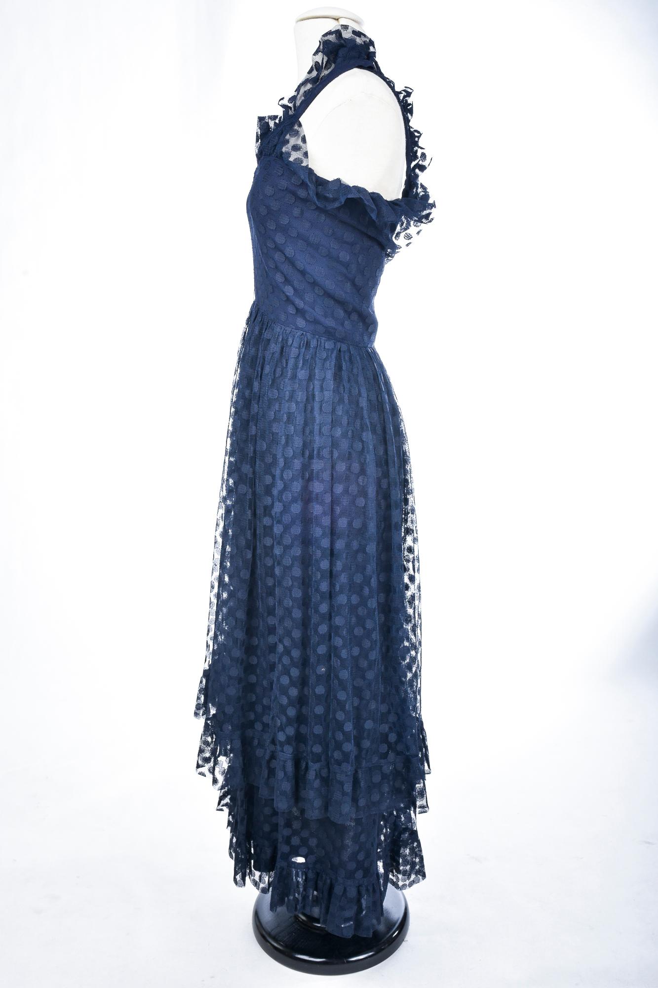 A Jean-Louis Sherrer Evening  Dress in Navy Polka dots Net Circa 1980 For Sale 5