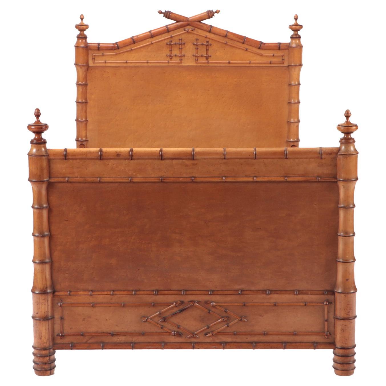 A French faux bamboo birds eye maple twin bed. C 1880