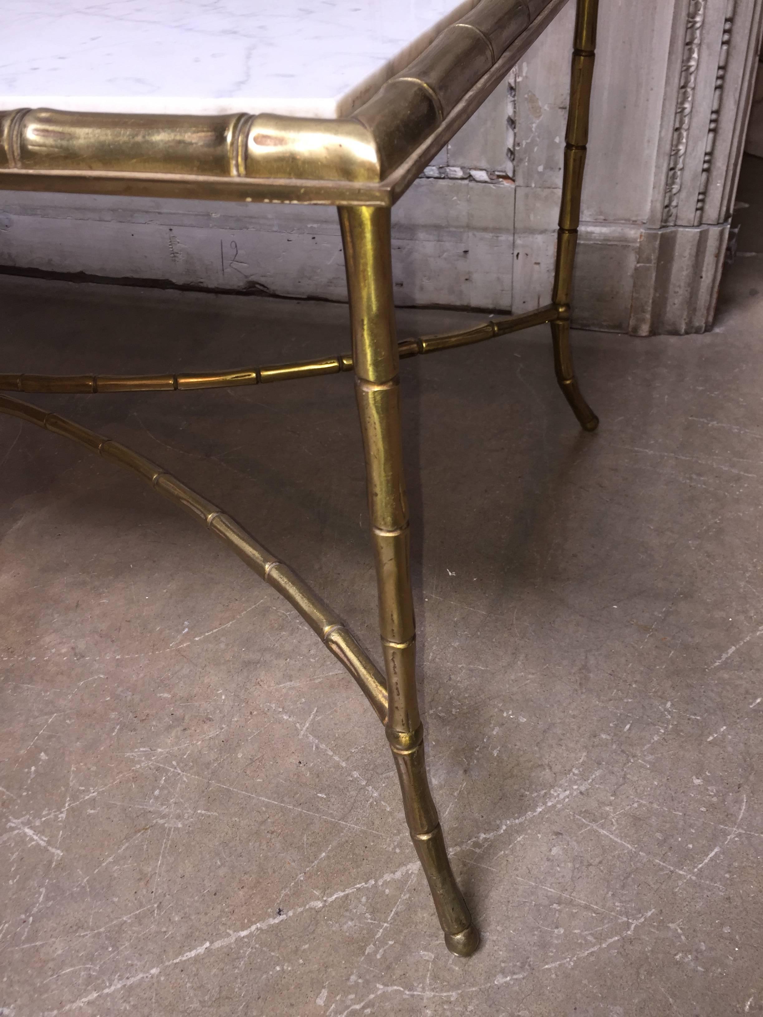 Mid-Century Modern French Faux Bamboo Brass and Marble Cocktail Table