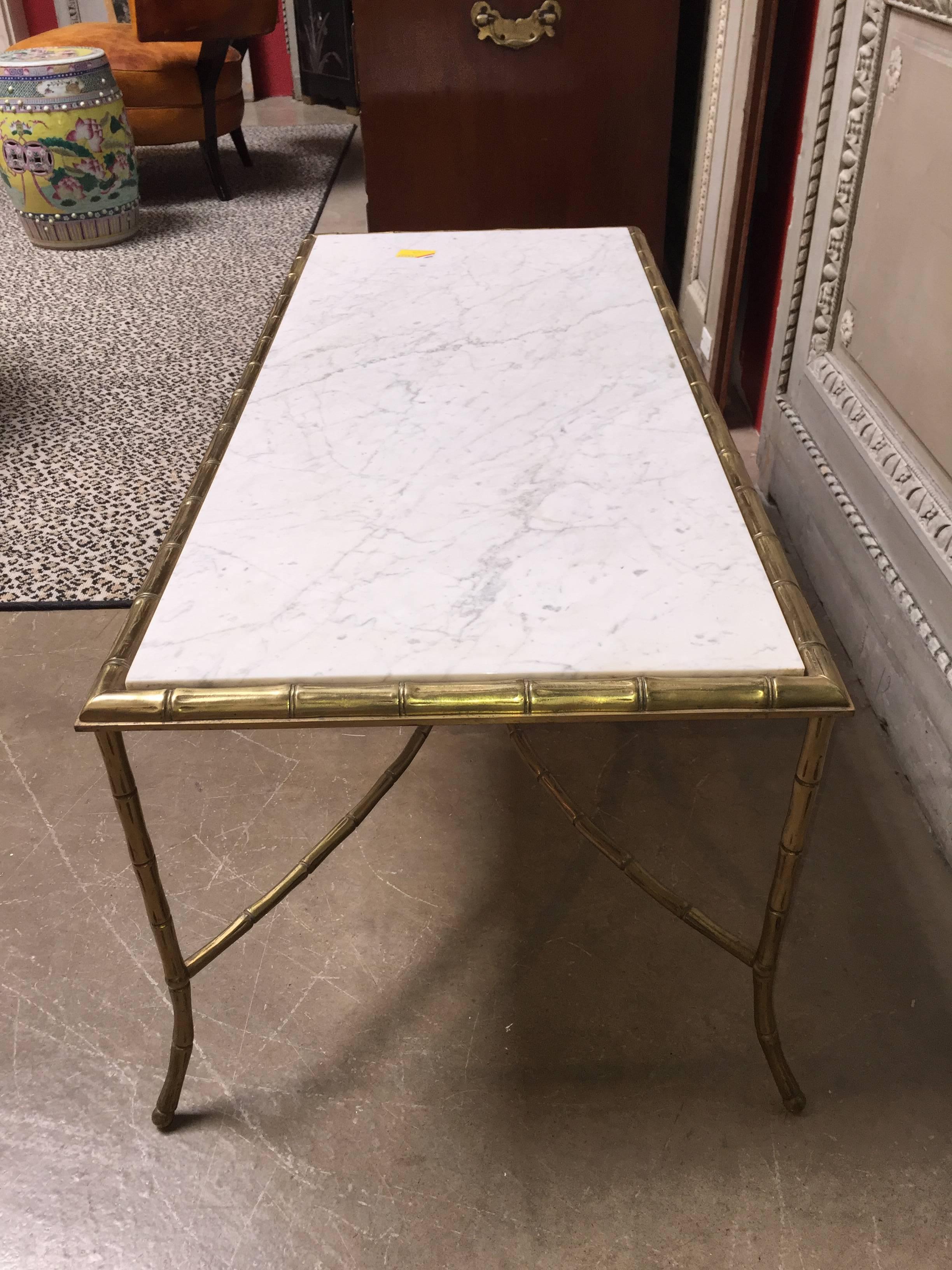 20th Century French Faux Bamboo Brass and Marble Cocktail Table