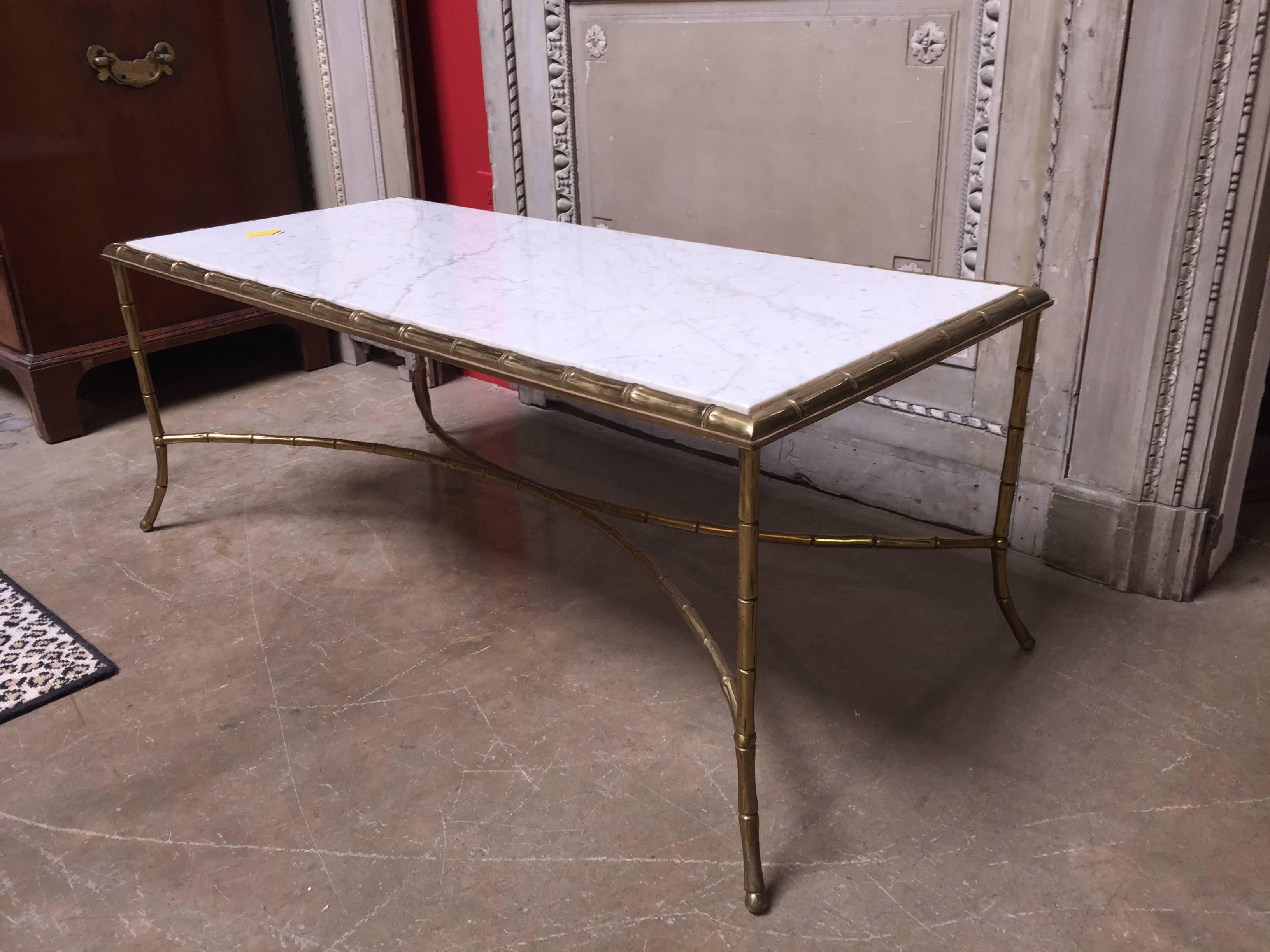 French Faux Bamboo Brass and Marble Cocktail Table 1