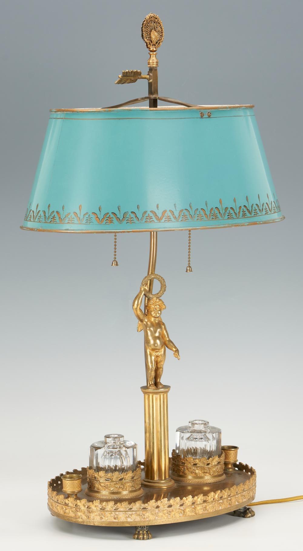 A French Figural Bronze Inkwell Desk Lamp with Tole Shade In Good Condition For Sale In ARMADALE, VIC