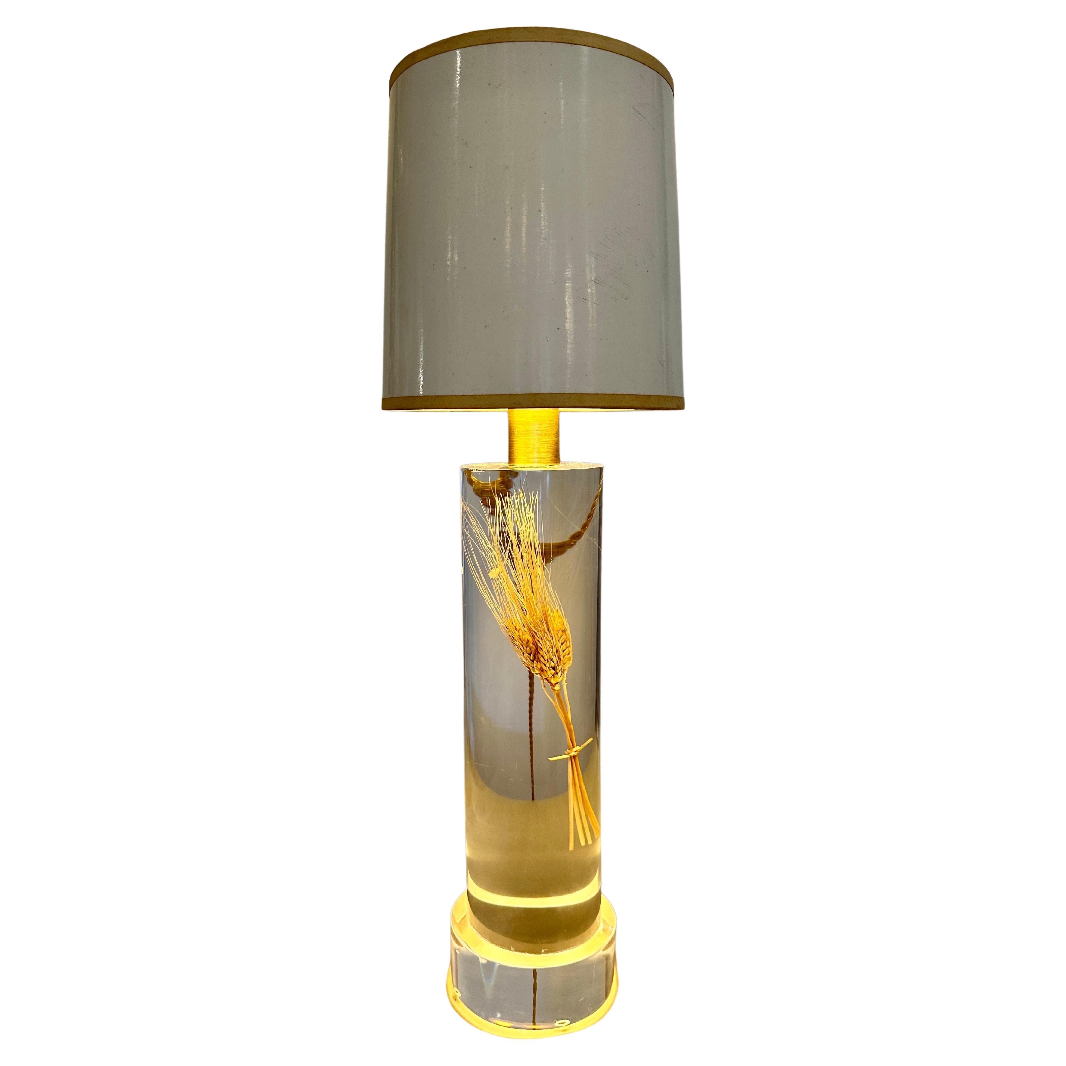 French Floating Wheat Stalk in Acrylic Cylinder Table Lamp For Sale