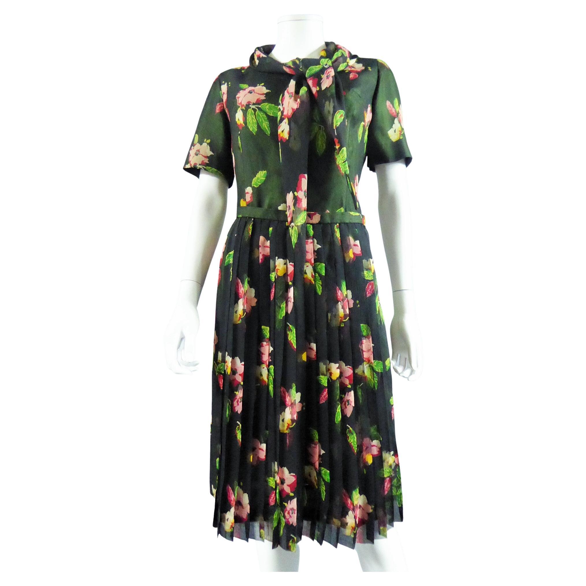 A French Flowered Printed Chiffon Dress With Removable Skirt, circa 1950-1960 For Sale