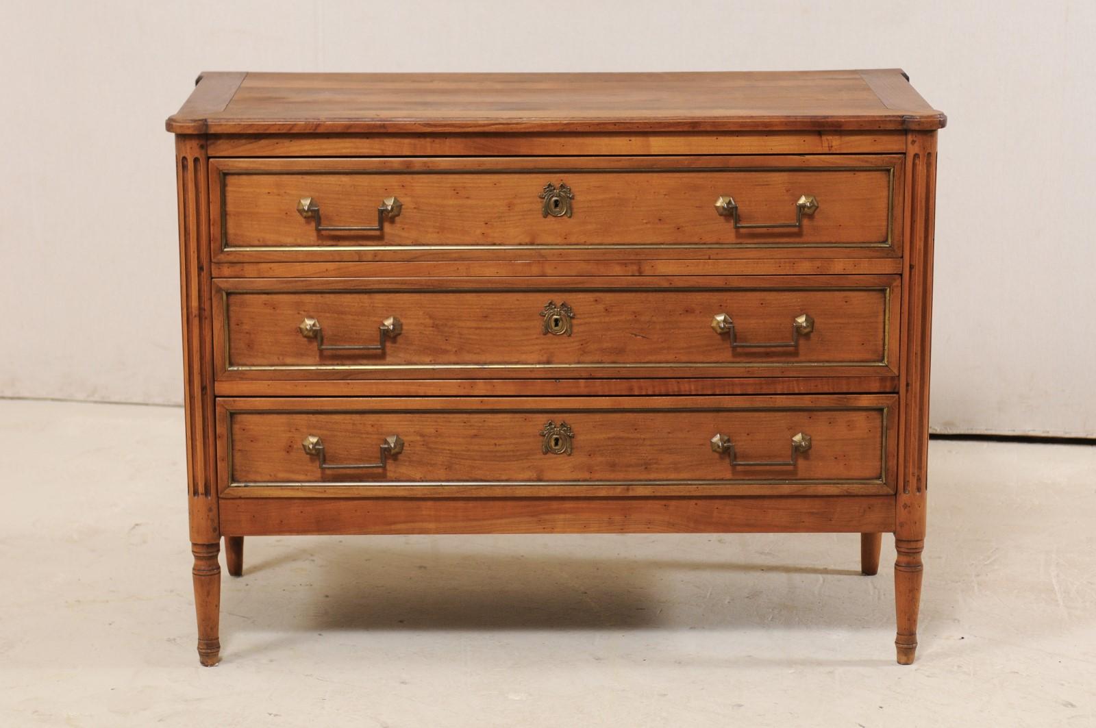 Louis XVI French Fruitwood Three-Drawer Fluted Chest with Brass Trim, Mid-20th Century