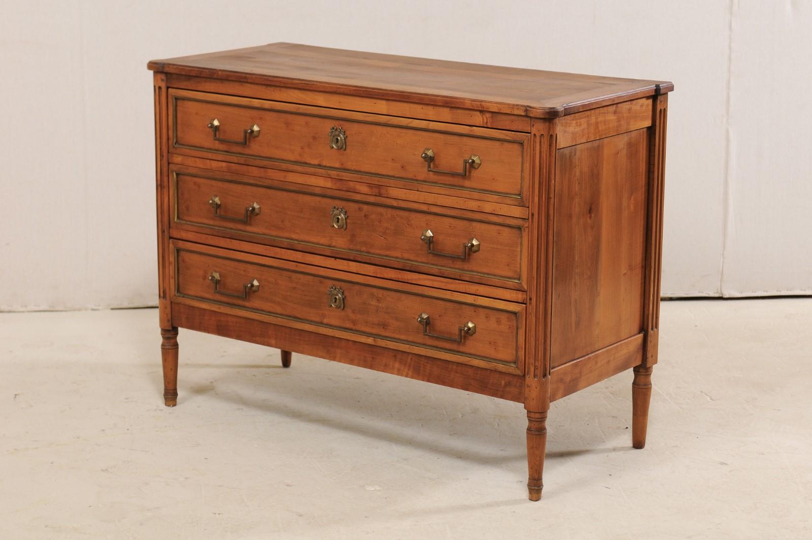 French Fruitwood Three-Drawer Fluted Chest with Brass Trim, Mid-20th Century In Good Condition In Atlanta, GA