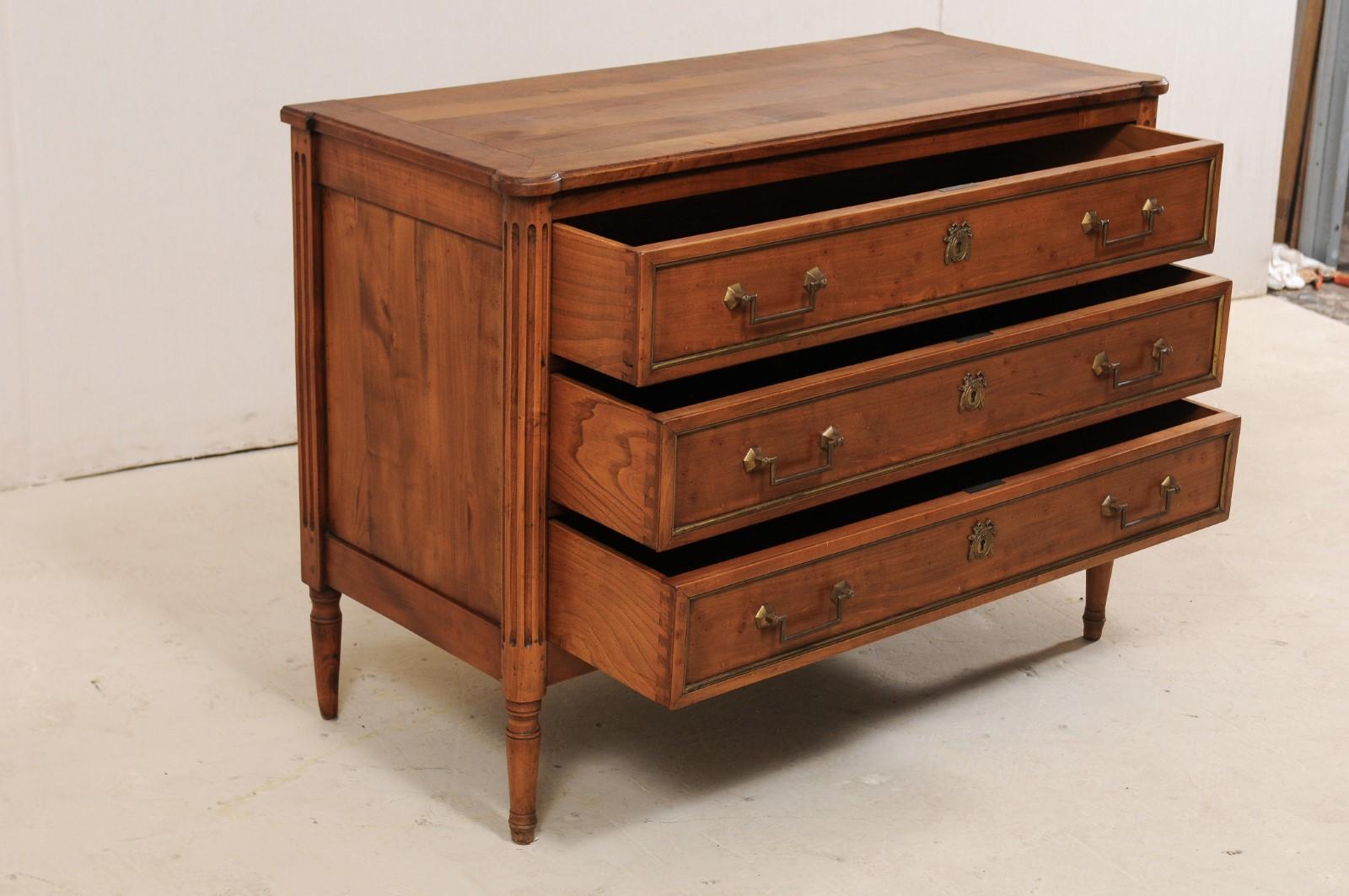 French Fruitwood Three-Drawer Fluted Chest with Brass Trim, Mid-20th Century 1