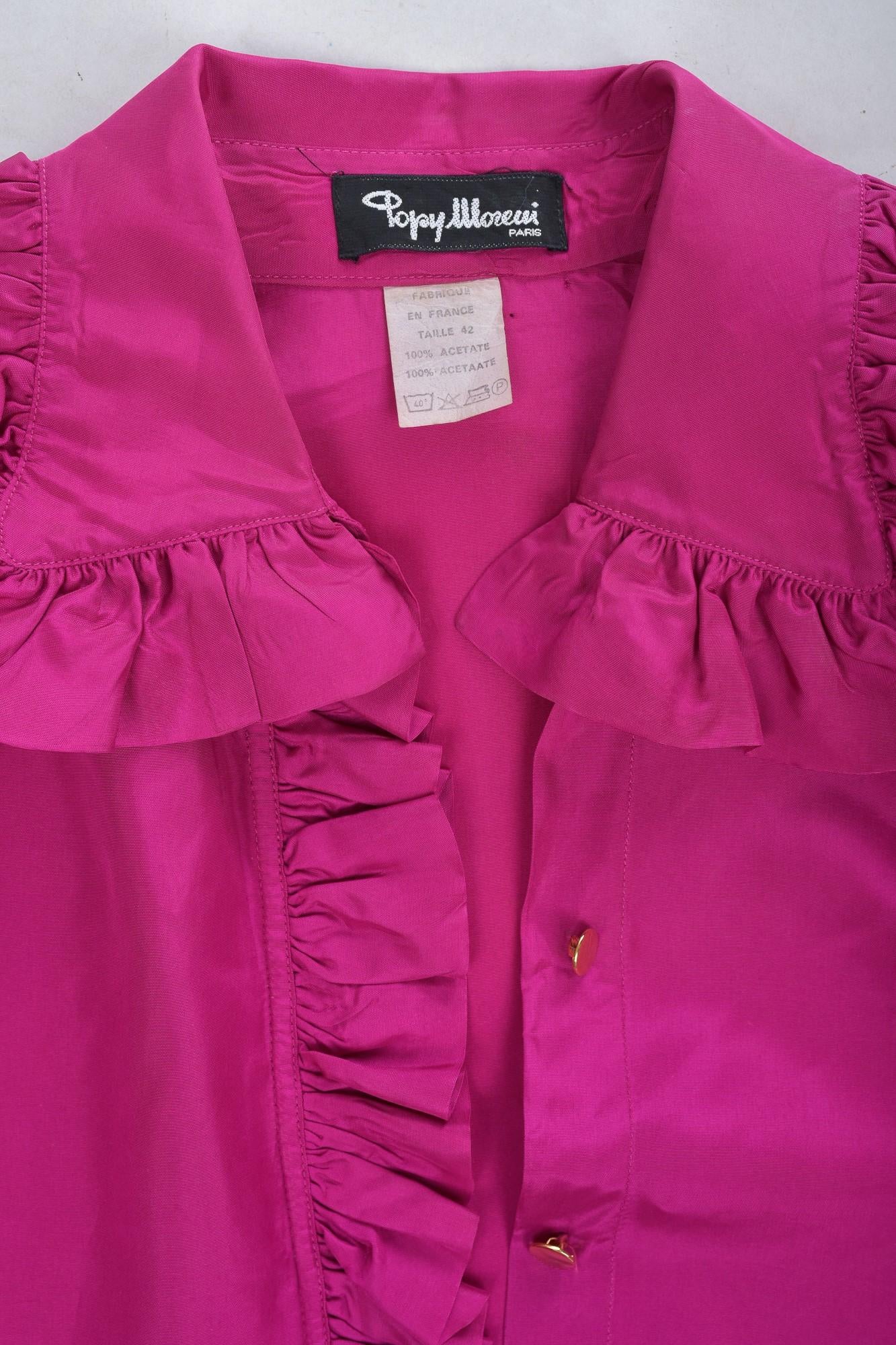 A French Fuschia Taffeta Blouse and skirt By Popy Moreni Paris Circa 1990 In Good Condition For Sale In Toulon, FR