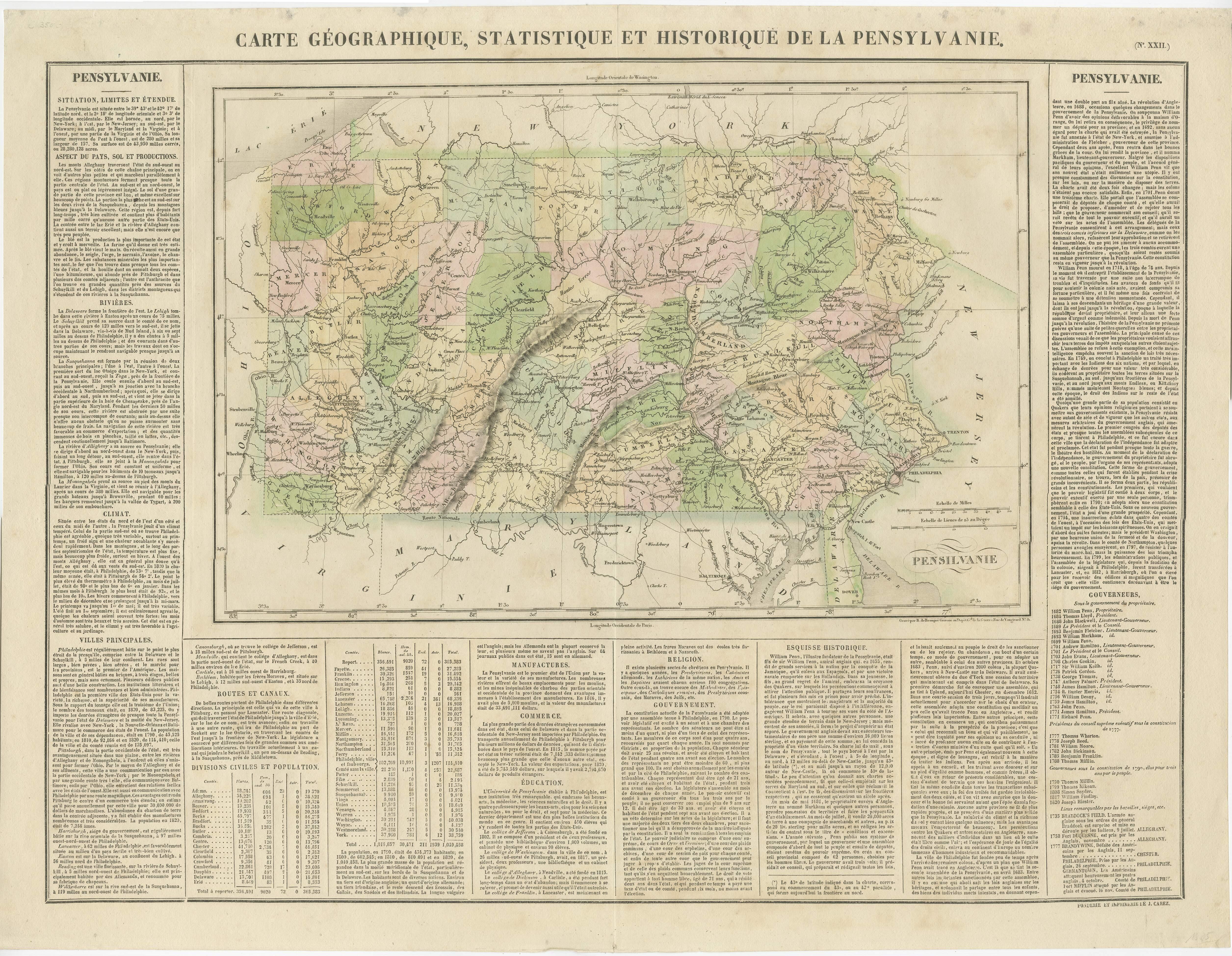 Title: Carte geographique, statistique et historique de la Pensylvanie. 

Beautiful Hand-Colored 1825 French Map of Pennsylvania, with a List of Prominent Rivers, Descriptions of Mountains, Climate and Government as well as a list of Colonial and