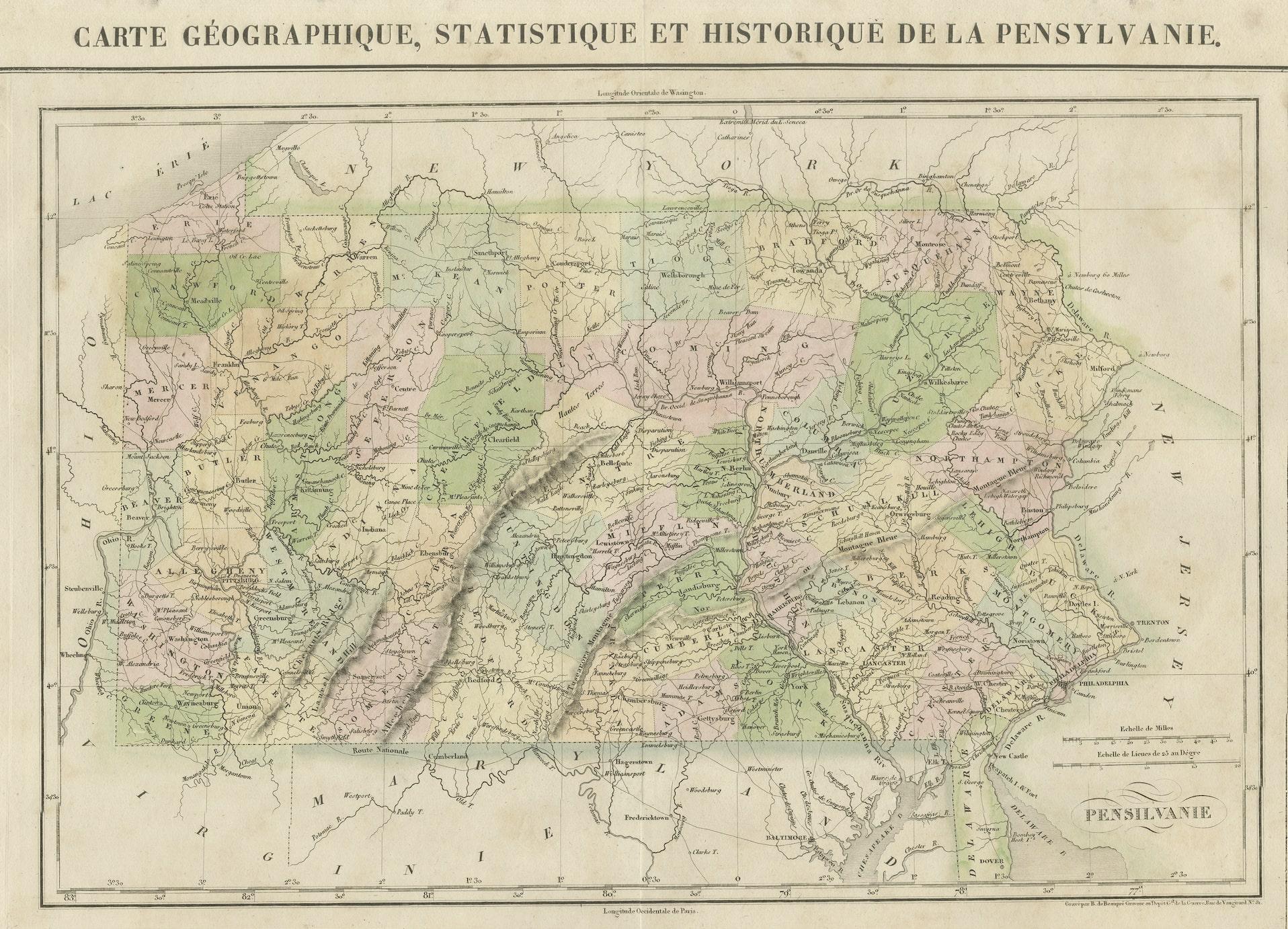 Gravé Carte géographique, Statistique et historique de la Pennsylvanie, 1825 en vente