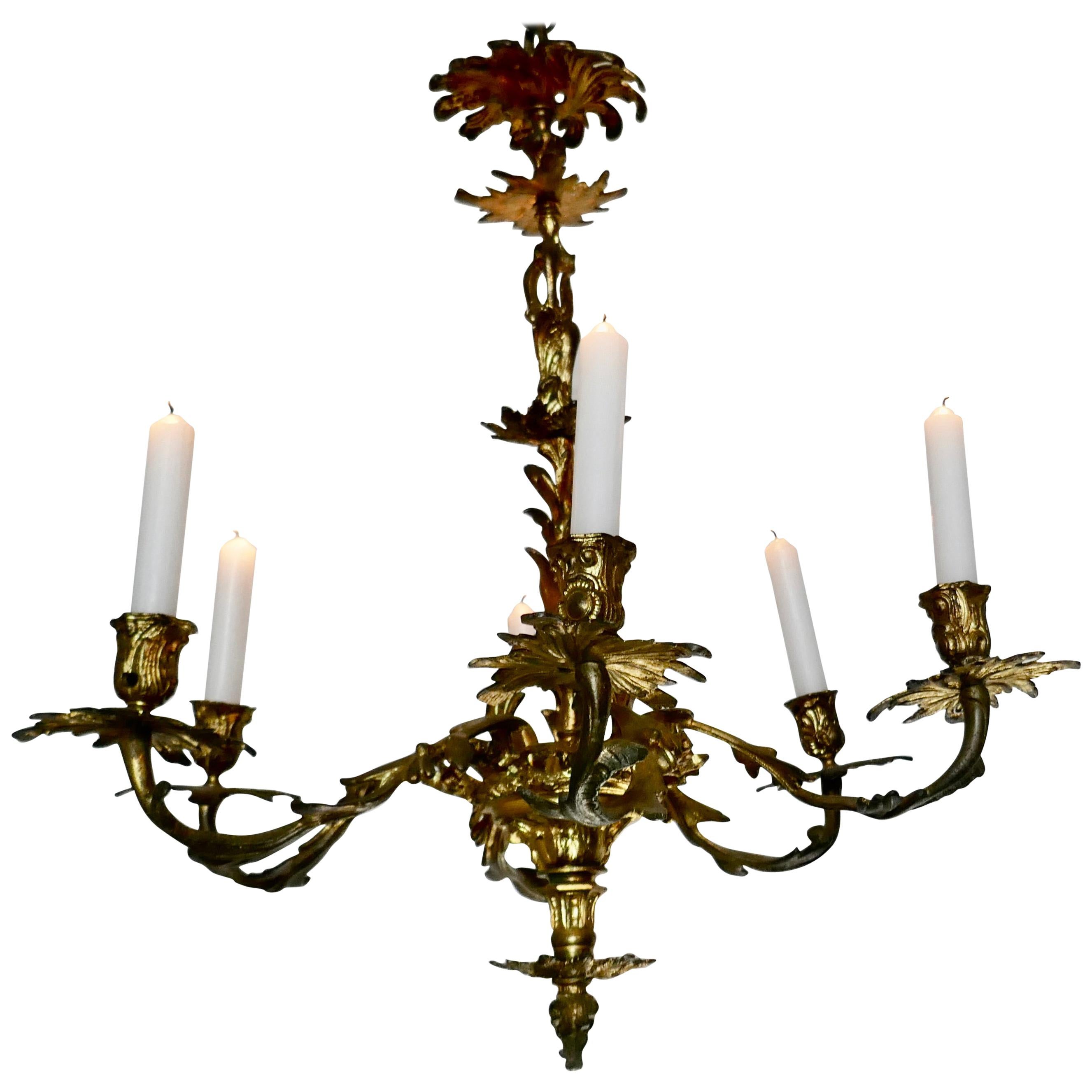 French Gilded Brass 6 Branch Rococo Chandelier 'Candelier' at 1stDibs