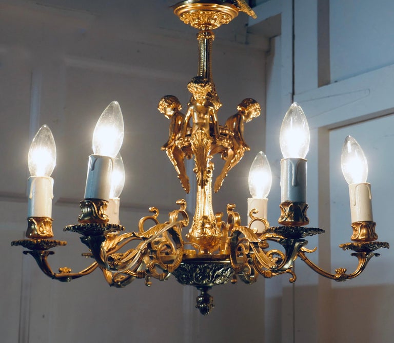 French Gilded Brass 6 Branch Rococo Cherub Chandelier at 1stDibs