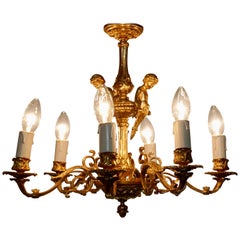 Antique French Gilded Brass 6 Branch Rococo Cherub Chandelier