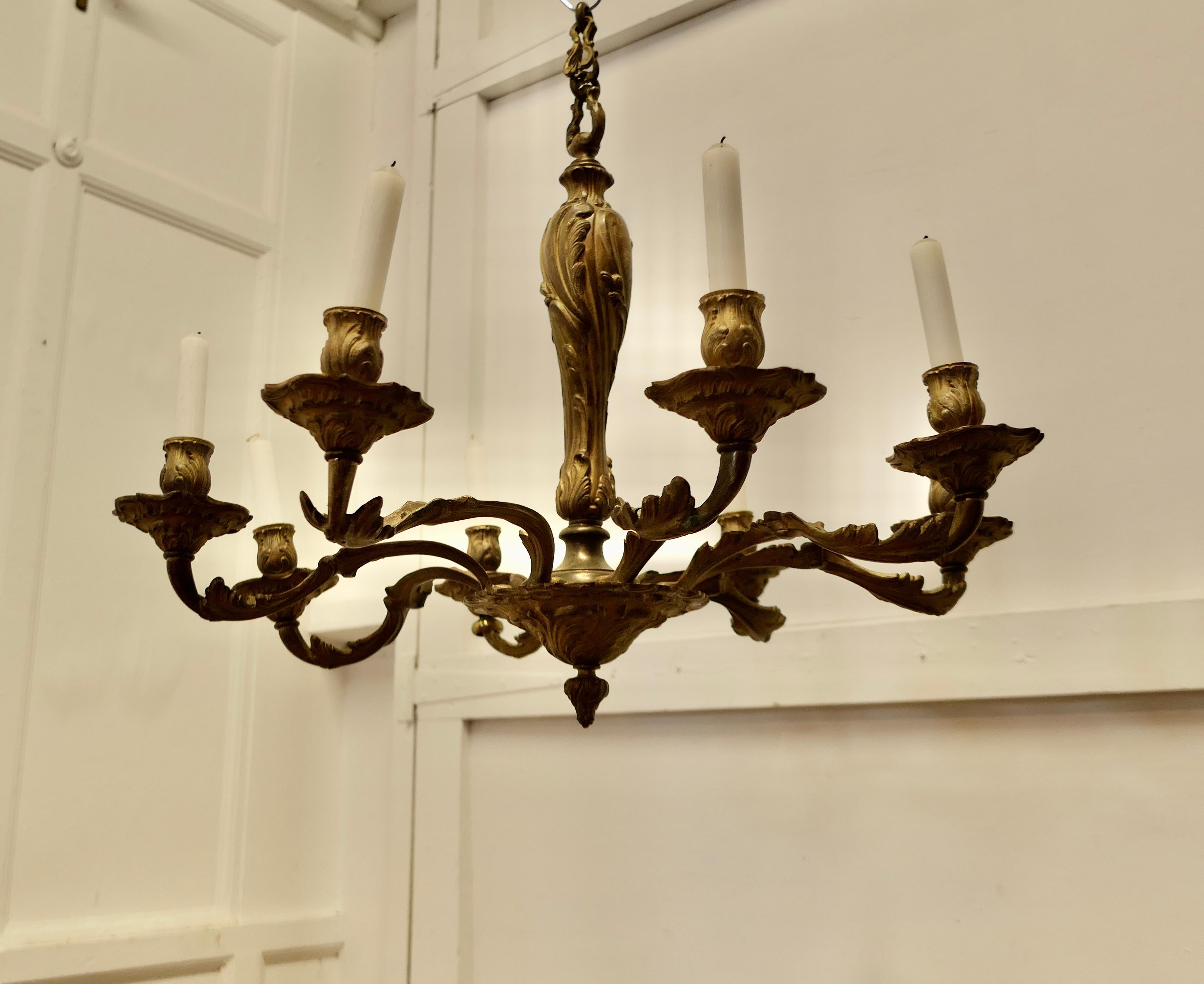 A French Gilded Brass 8 Branch Rococo Chandelier (Candelier)   In Good Condition For Sale In Chillerton, Isle of Wight