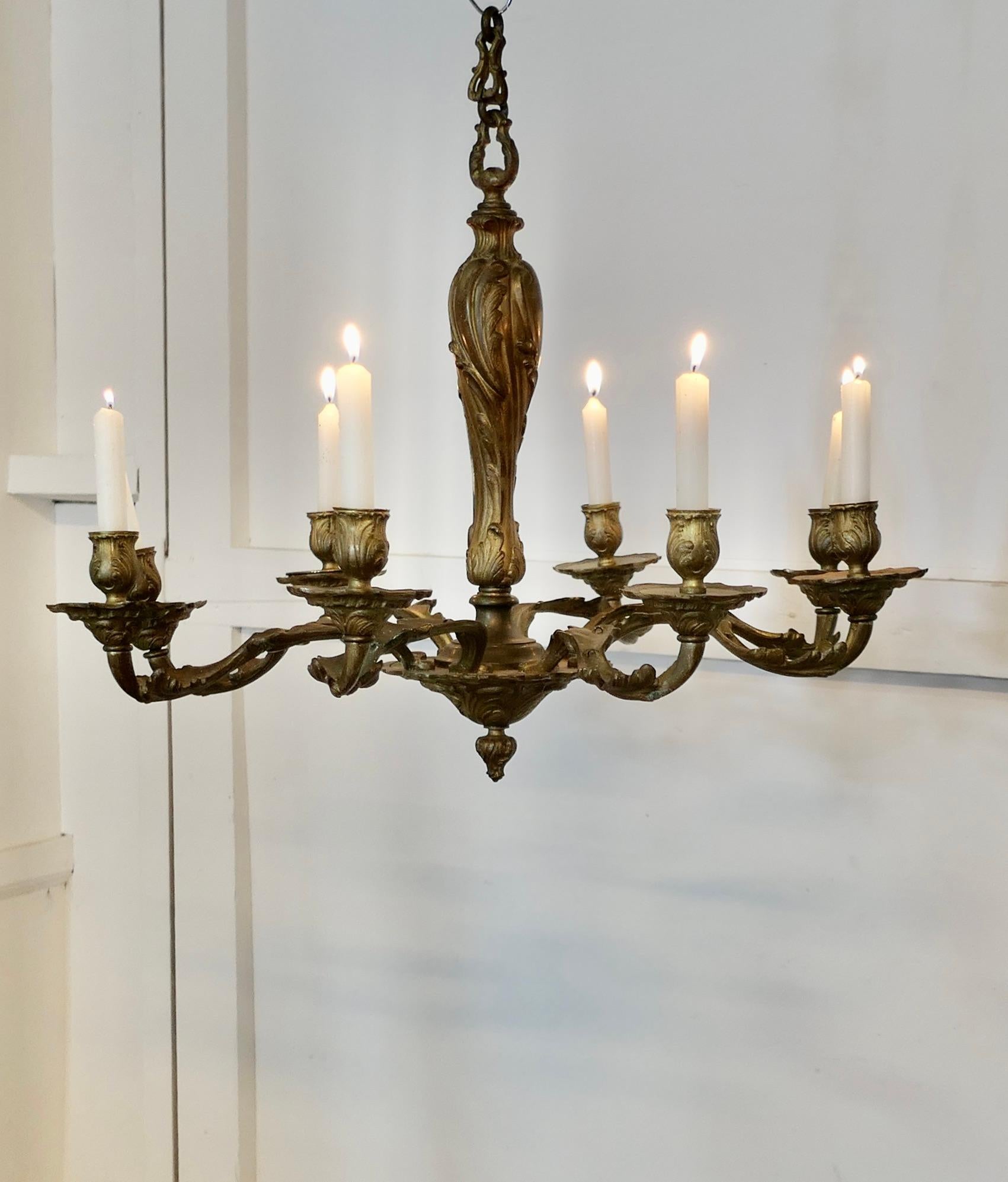 A French Gilded Brass 8 Branch Rococo Chandelier (Candelier)   For Sale 2