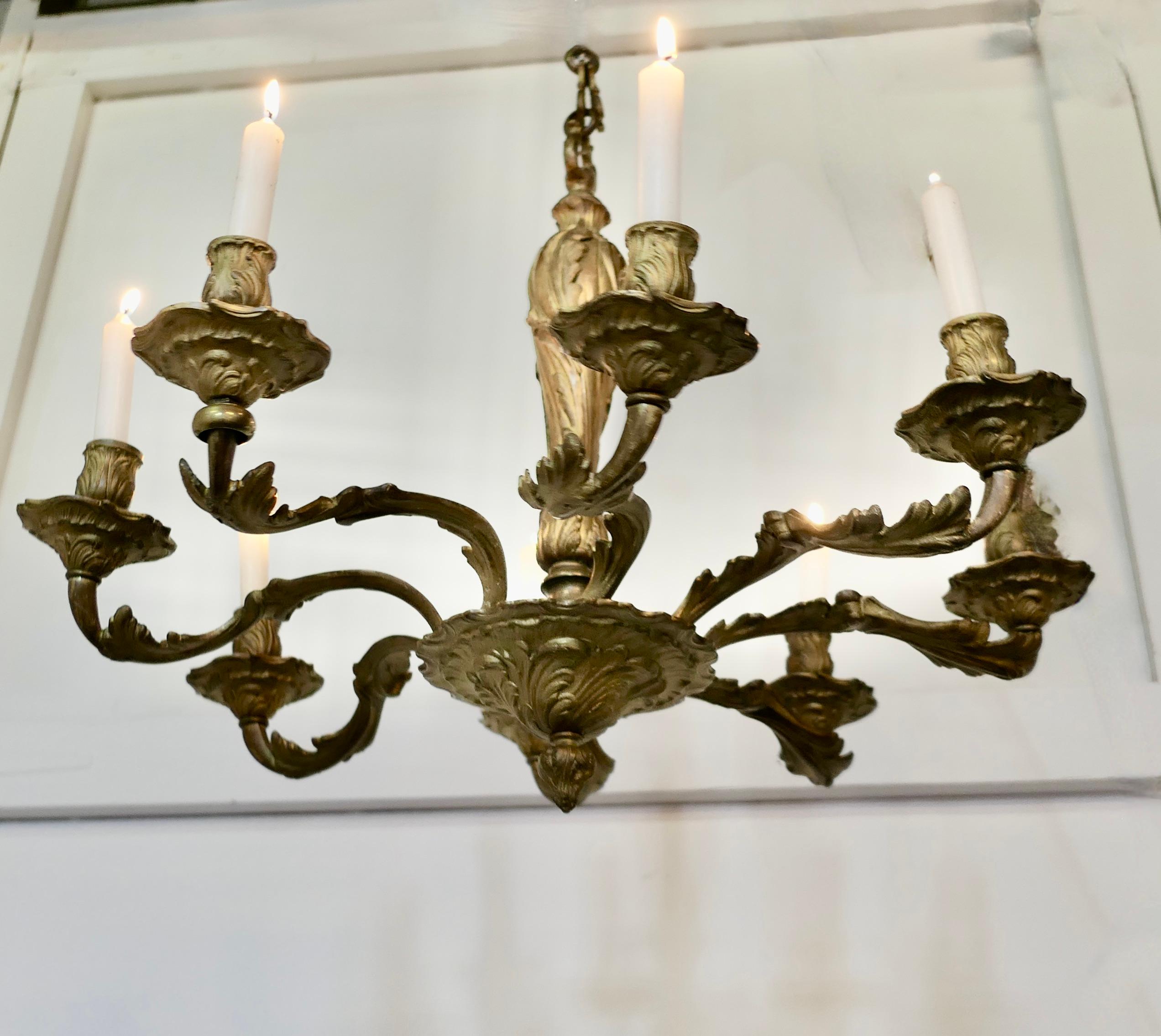 A French Gilded Brass 8 Branch Rococo Chandelier (Candelier)   For Sale 4
