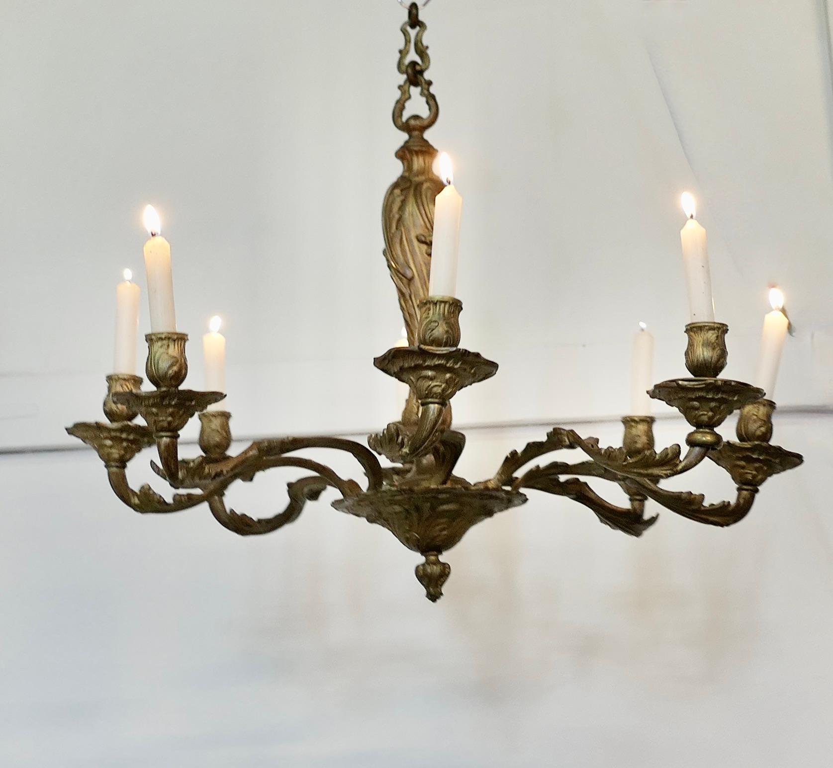 A French Gilded Brass 8 Branch Rococo Chandelier (Candelier)   For Sale 5