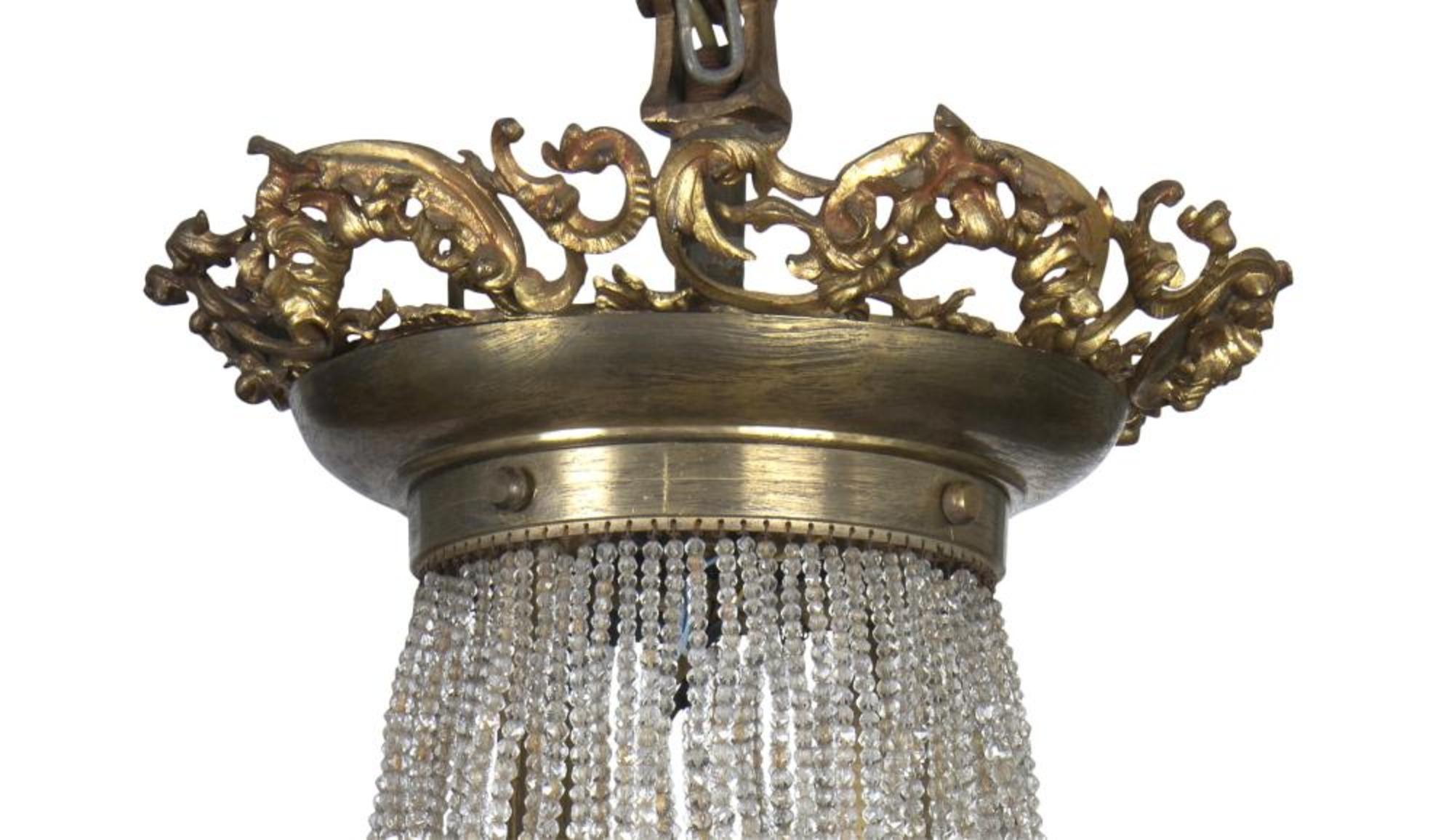 Dorato Lampadario a cestello francese in bronzo dorato e vetro, XIX secolo in vendita