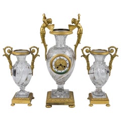 French Gilt-Bronze and Glass Clock Set