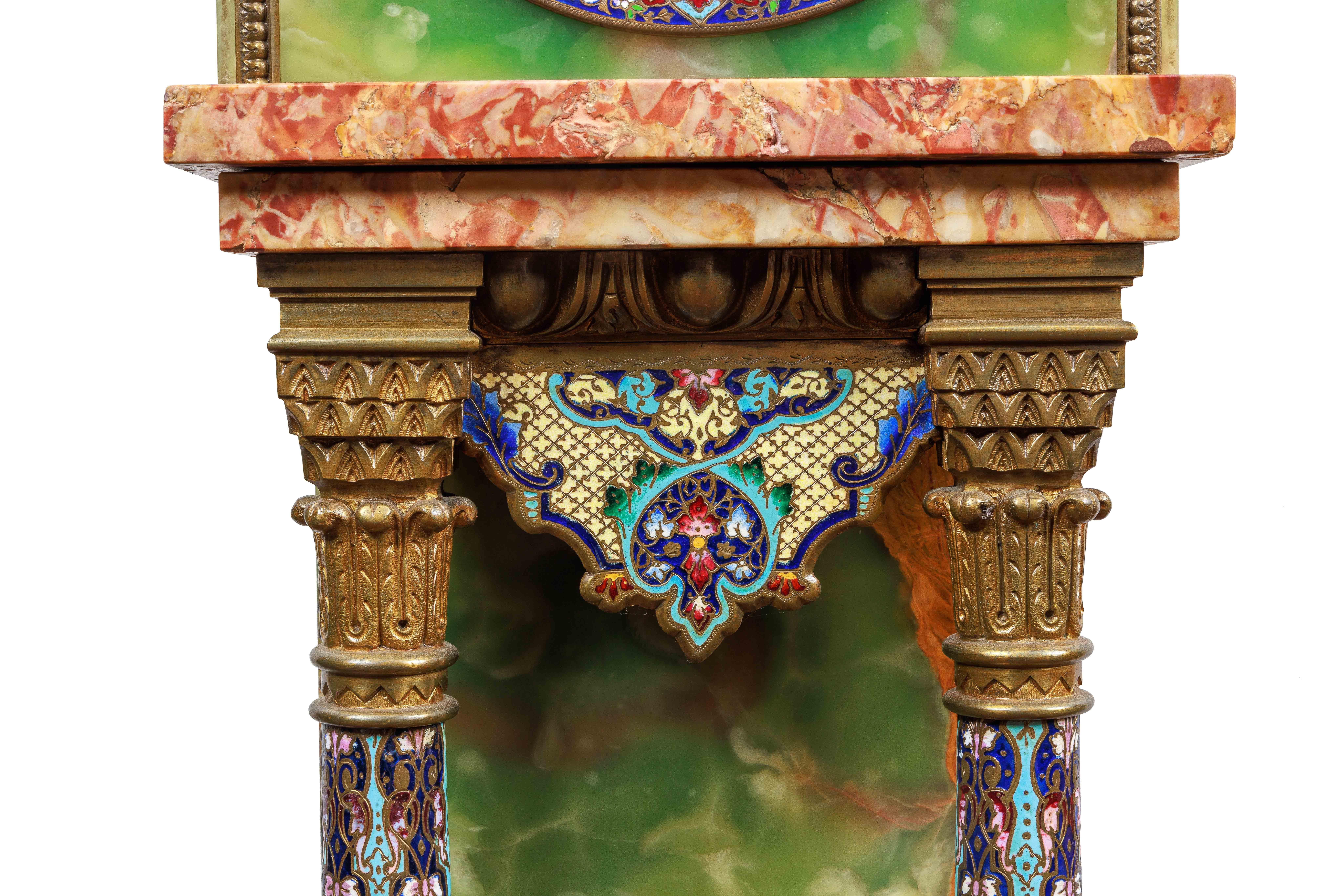 French Gilt-Bronze, Champleve Enamel, Onyx, and Marble Pedestal Clock, C. 1880 7